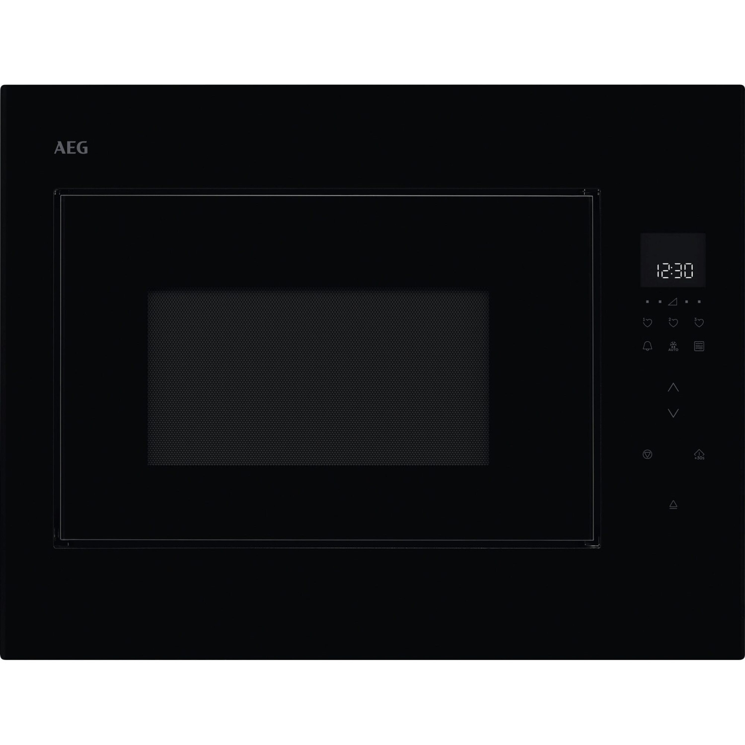 Microondas AEG negro con pantalla digital y panel de control.