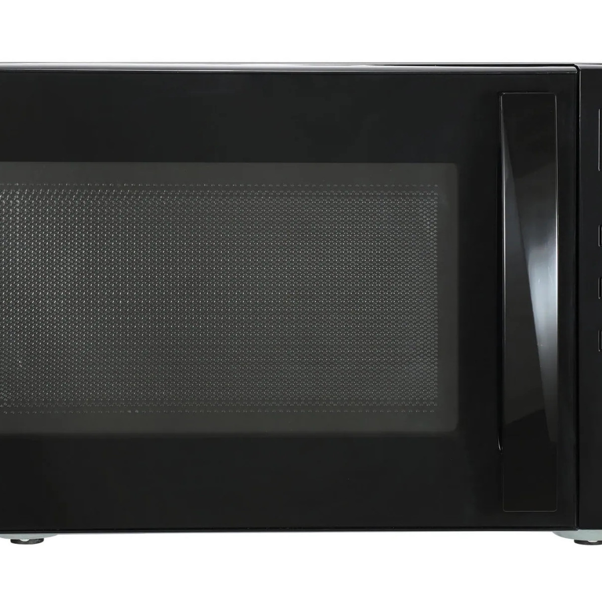 Forno a microonde nero con porta in vetro e maniglia. Piedini bianchi visibili.