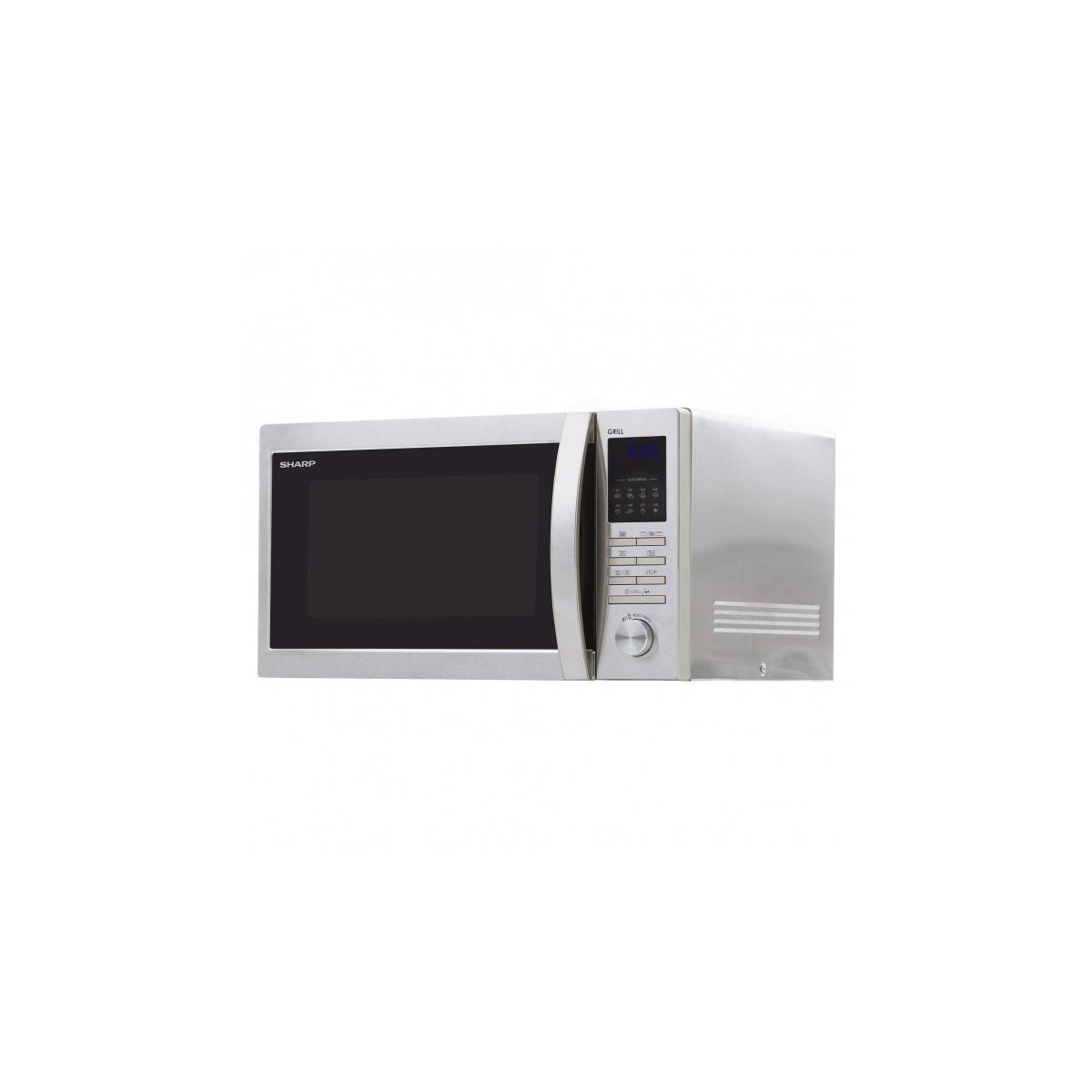 Un forno a microonde Sharp argentato con display digitale e pannello di controllo.