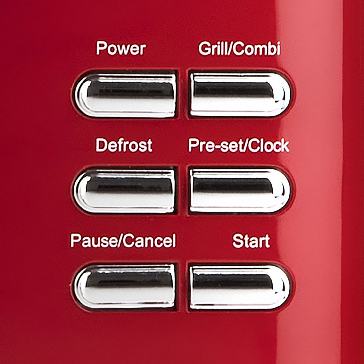 Superficie rossa con sei pulsanti argentati: Power, Grill/Combi, Defrost, Pre-set/Clock, Pause/Cancel, Start.