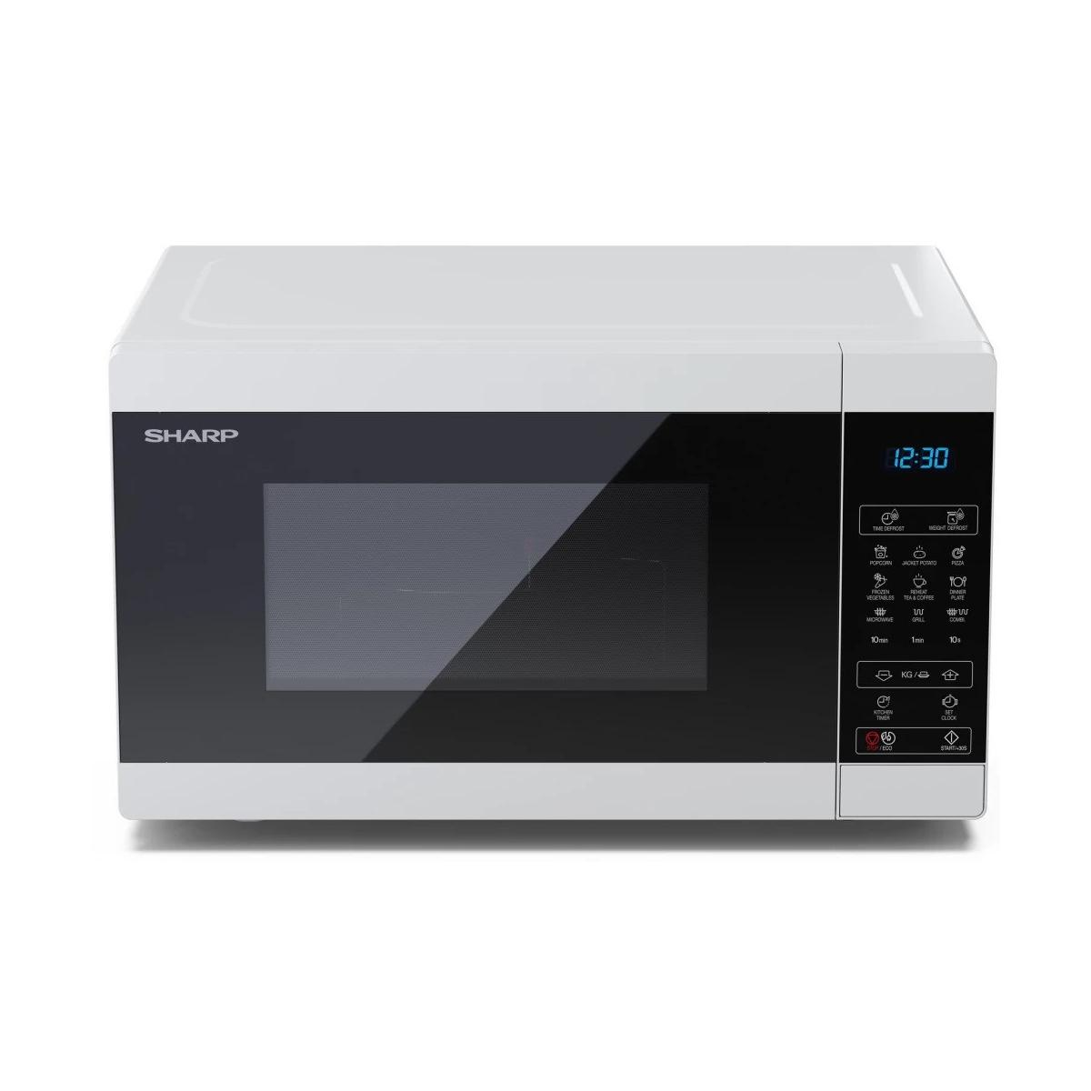 Un microondas Sharp blanco con puerta negra y pantalla digital.