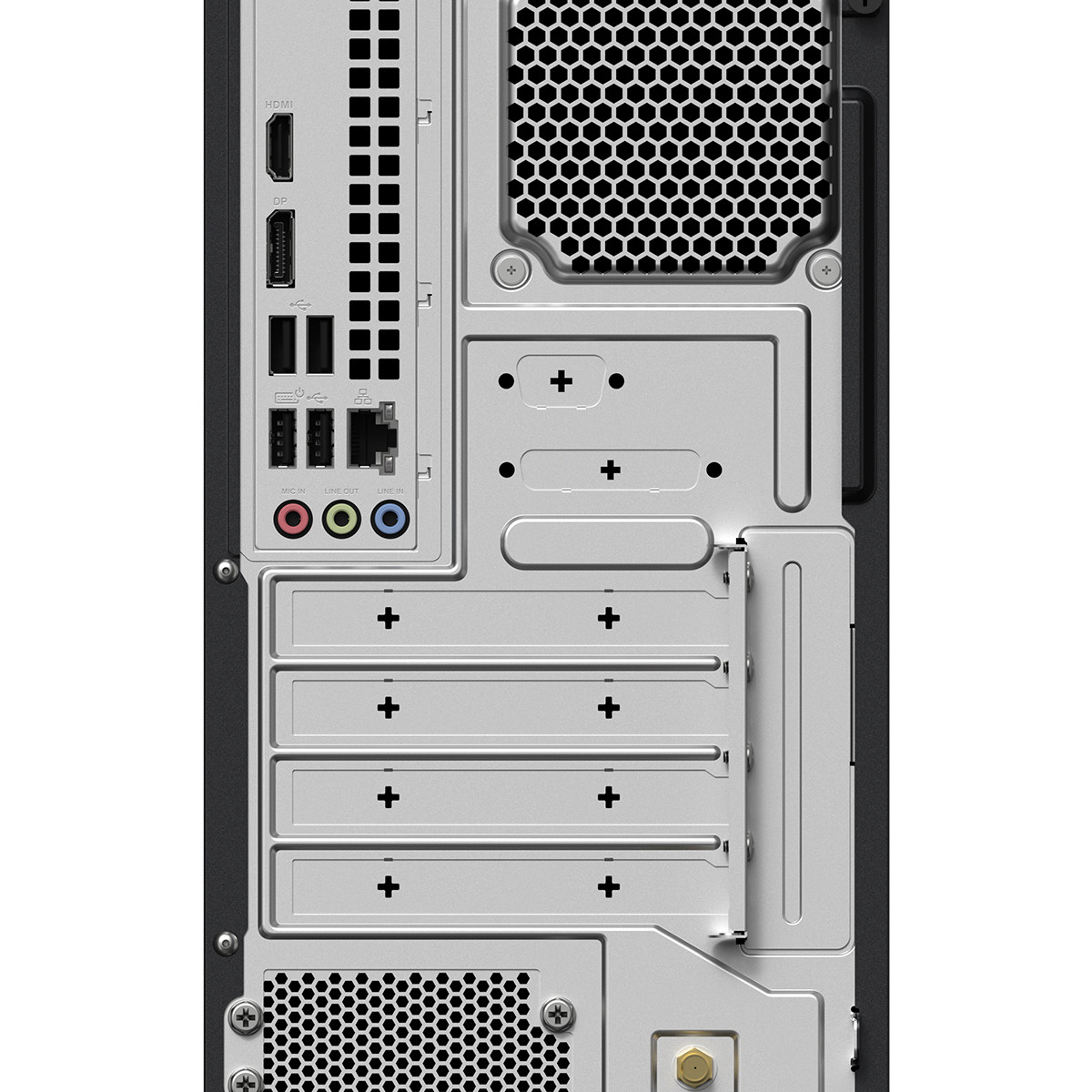 Retro di un PC con porte come HDMI, DP, USB e jack audio.