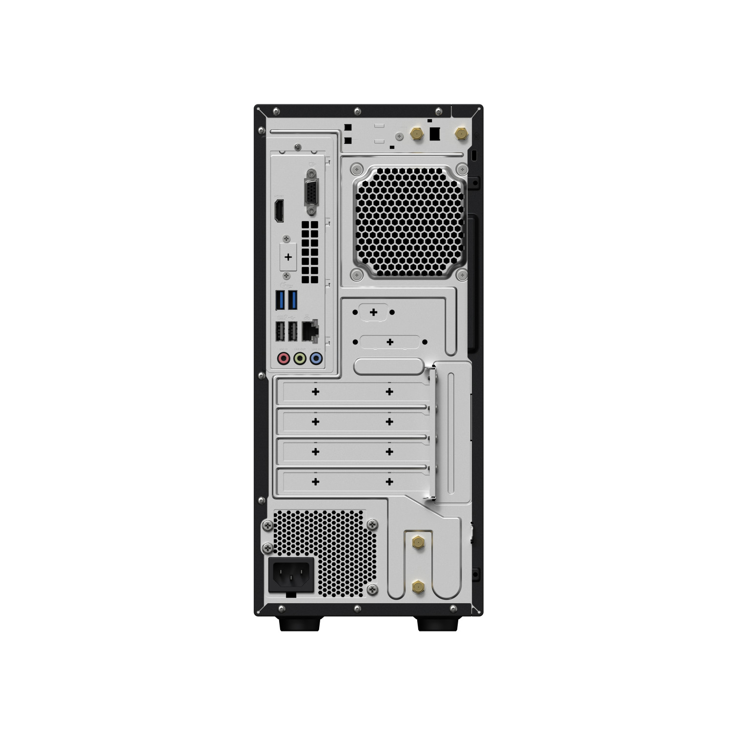 Panel trasero de torre de computadora negra con puertos y ventilaciones.
