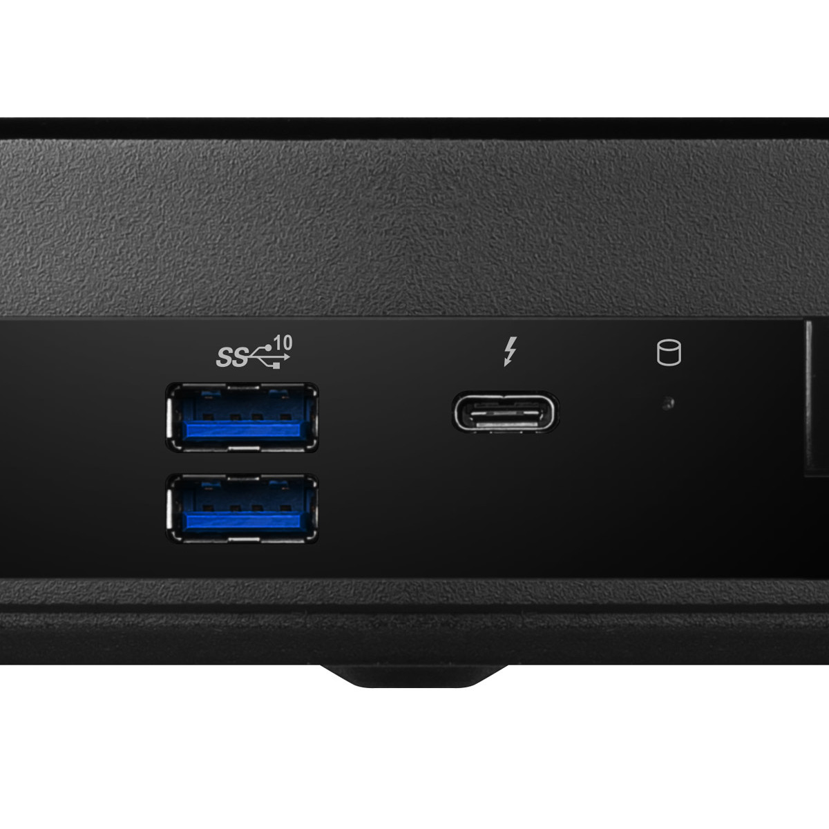 Due porte USB blu, una porta USB-C e una porta Thunderbolt su superficie nera.