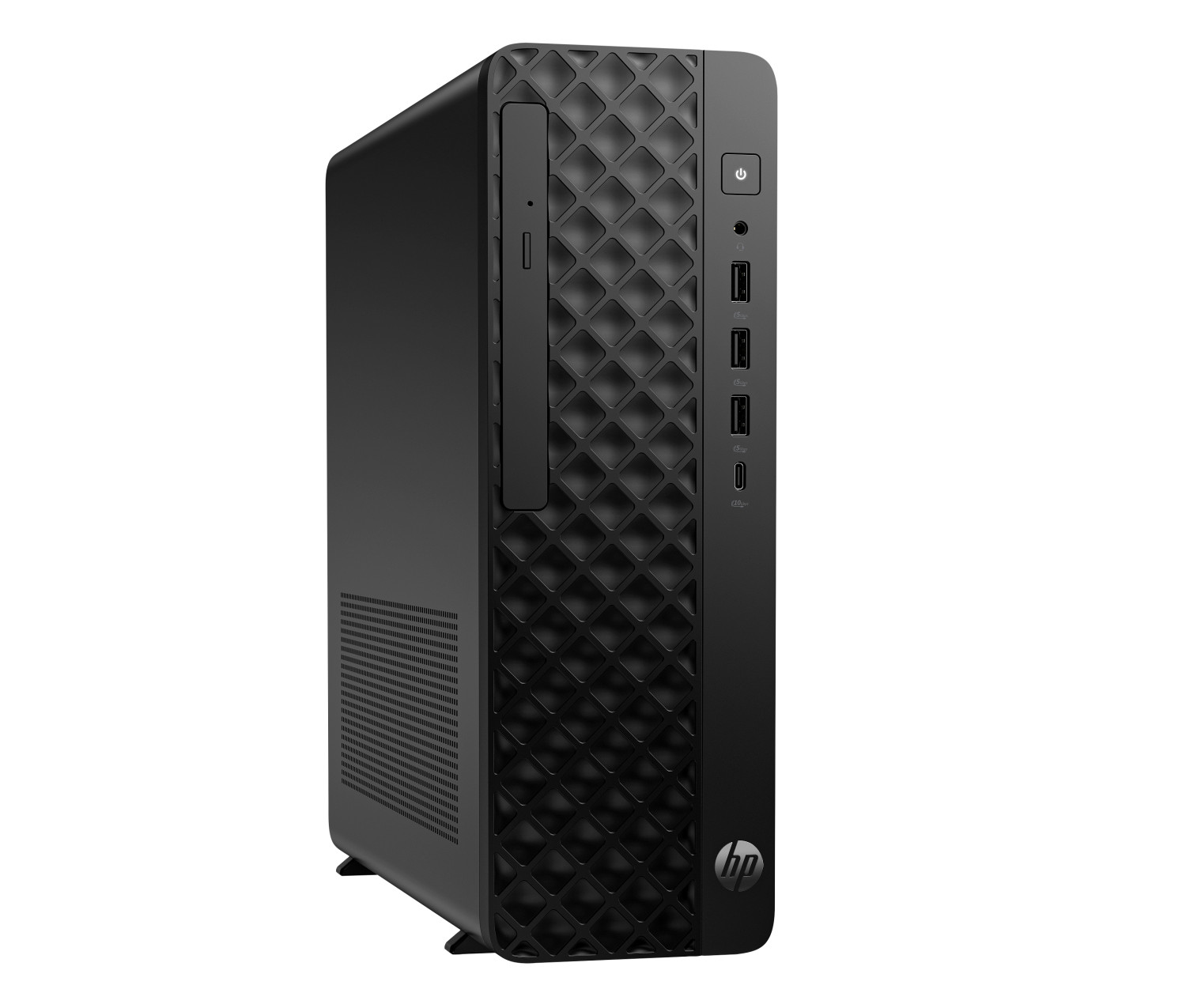 PC desktop HP nero con porte USB e pulsante di accensione.