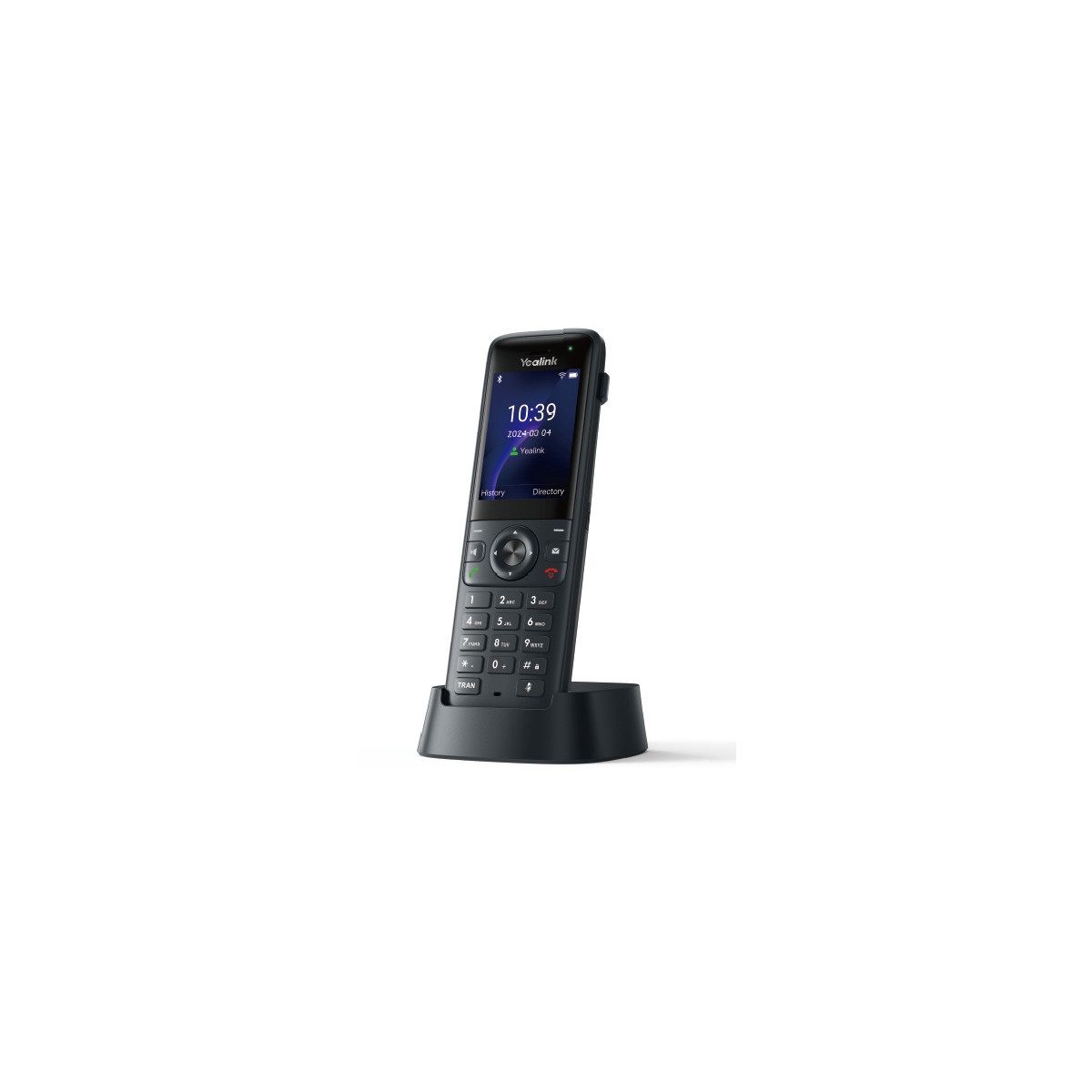 Şarj ünitesindeki siyah kablosuz telefon. Ekranda saat gösteriliyor.