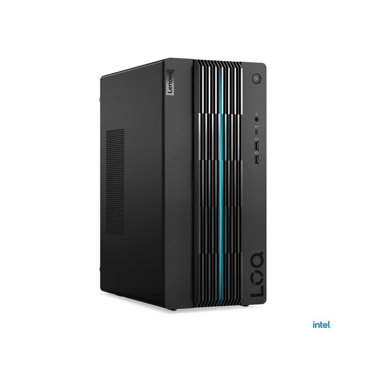 PC gaming Lenovo nero con accenti blu-verdi e logo Intel.