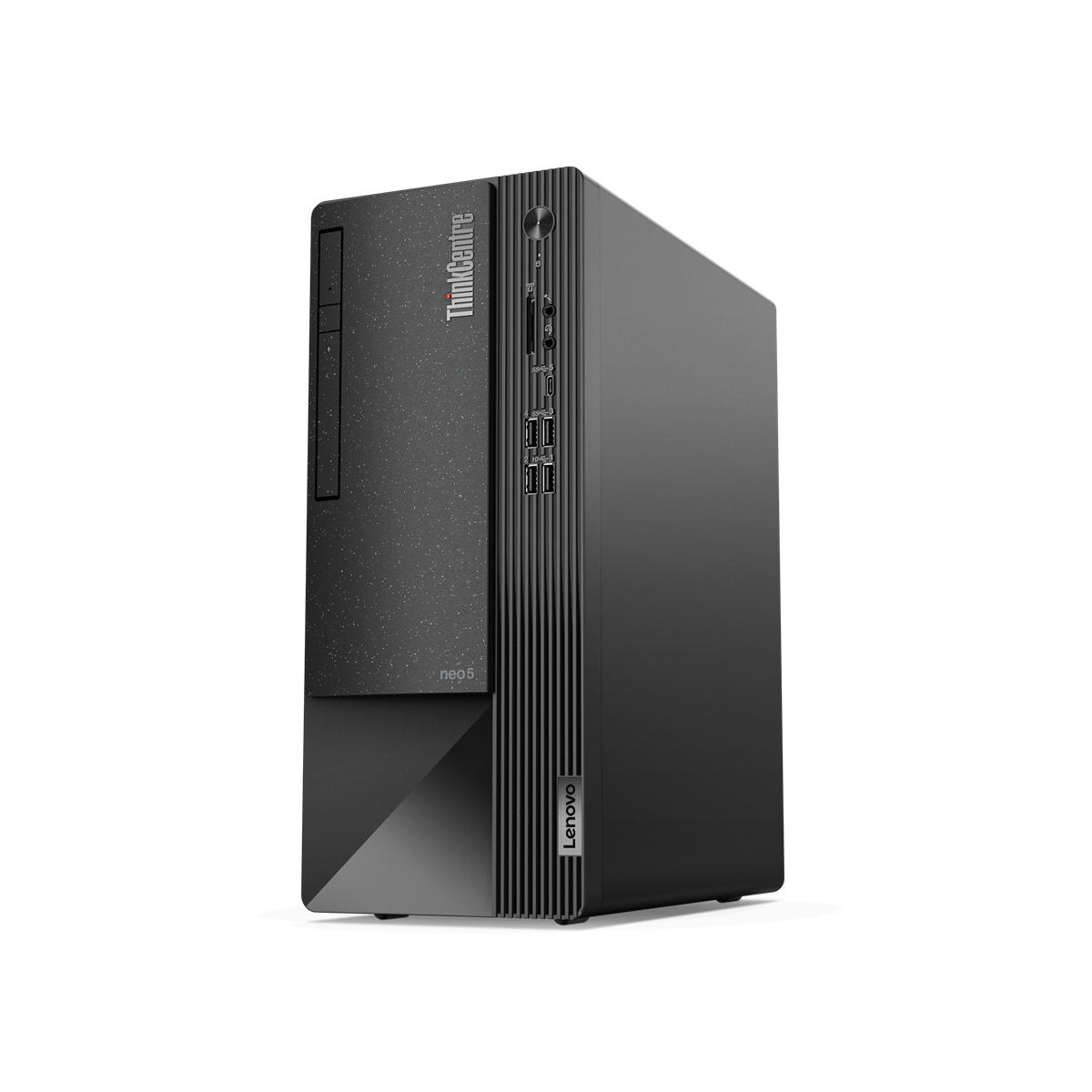Un PC nero Lenovo ThinkCentre con porte USB e fessure di ventilazione.