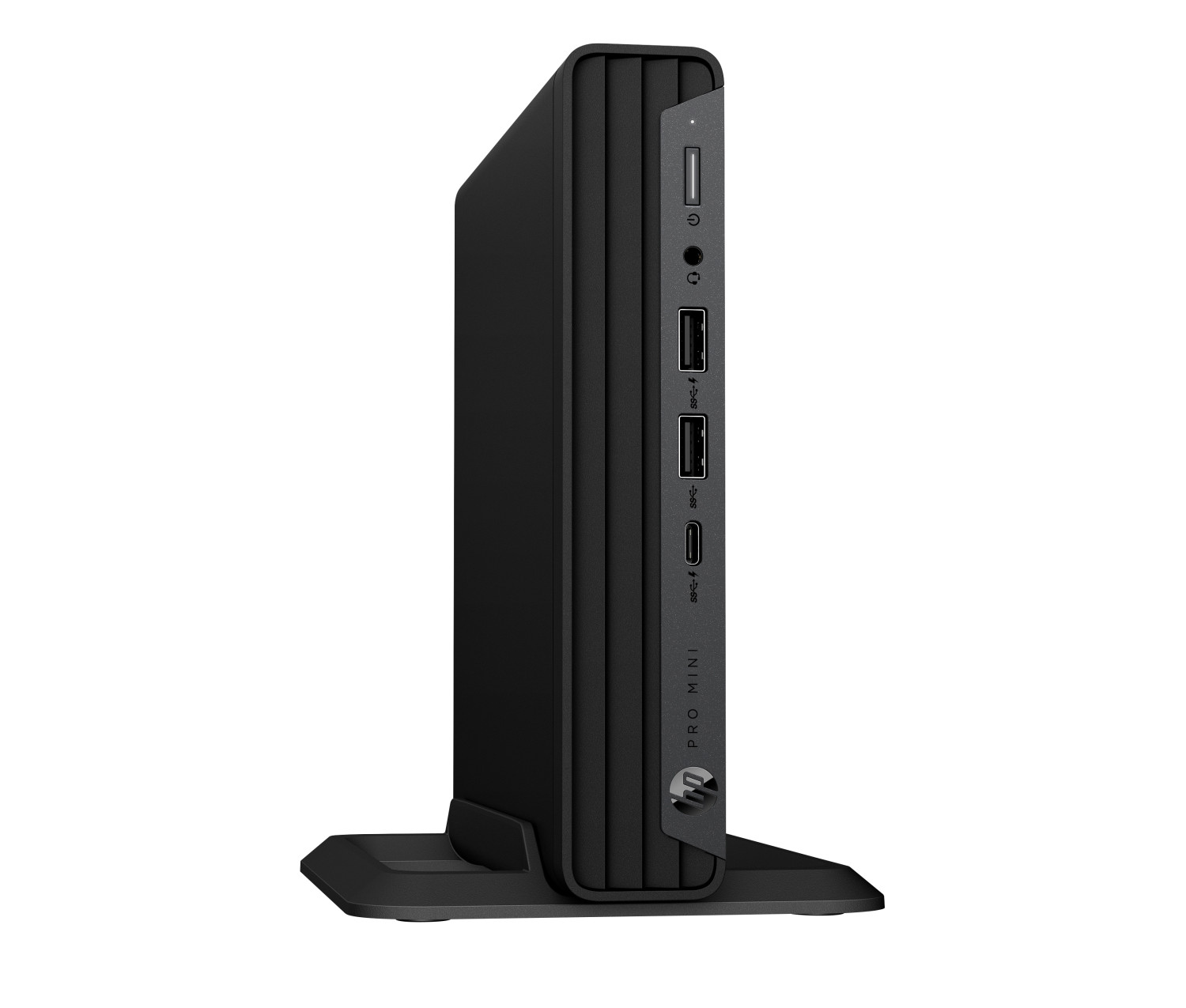 Mini PC nero con porte e logo HP su un supporto.