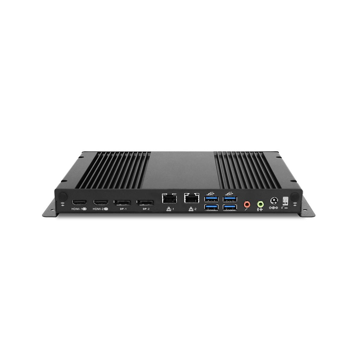 Mini PC nero con prese d'aria. Porte: 2x HDMI, 2x DP, 2x LAN, 4x USB, audio.