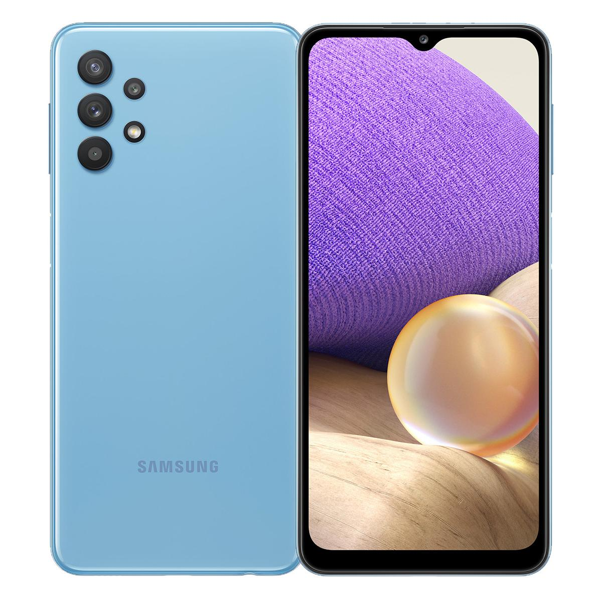 A light blue Samsung smartphone with four cameras on the back.