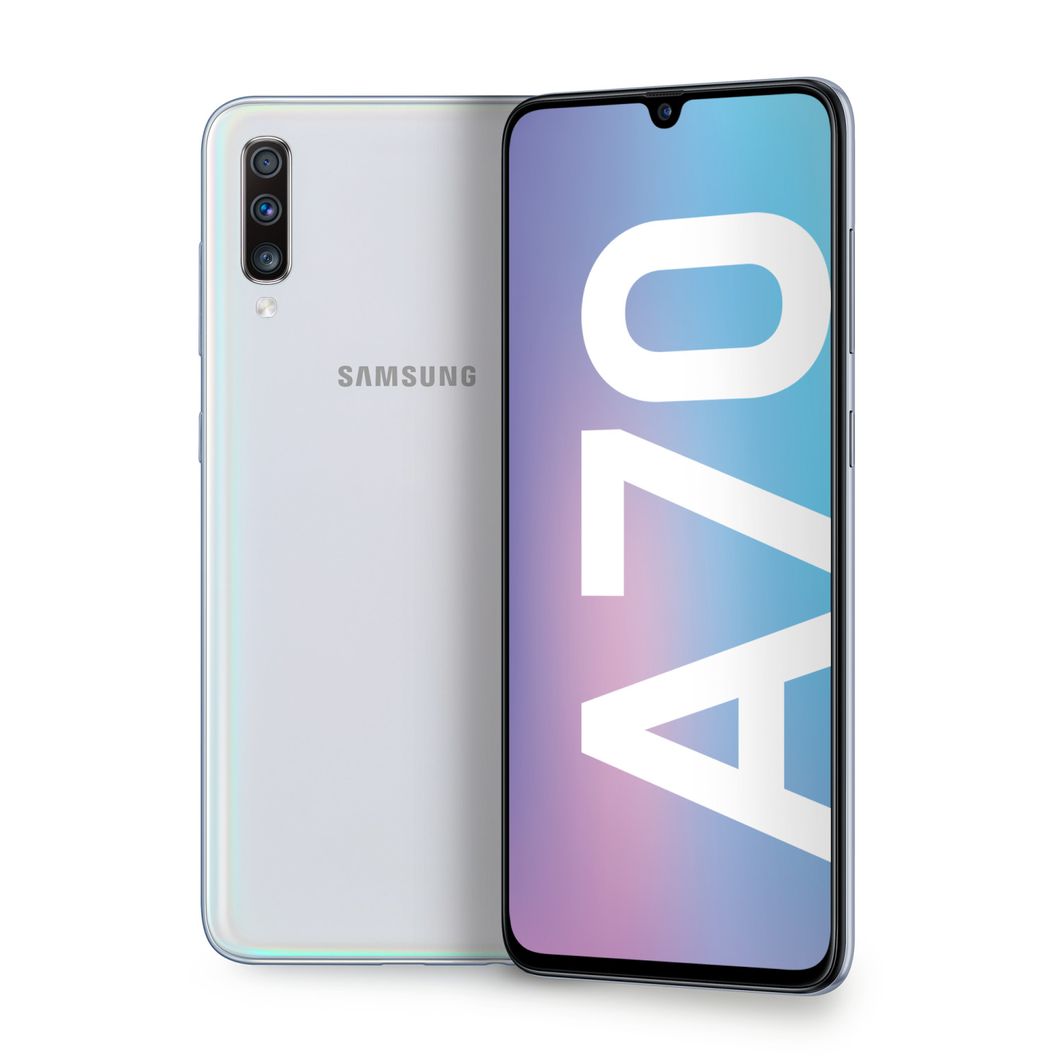 Ein weißes Samsung A70 Smartphone mit drei Kameras auf der Rückseite.