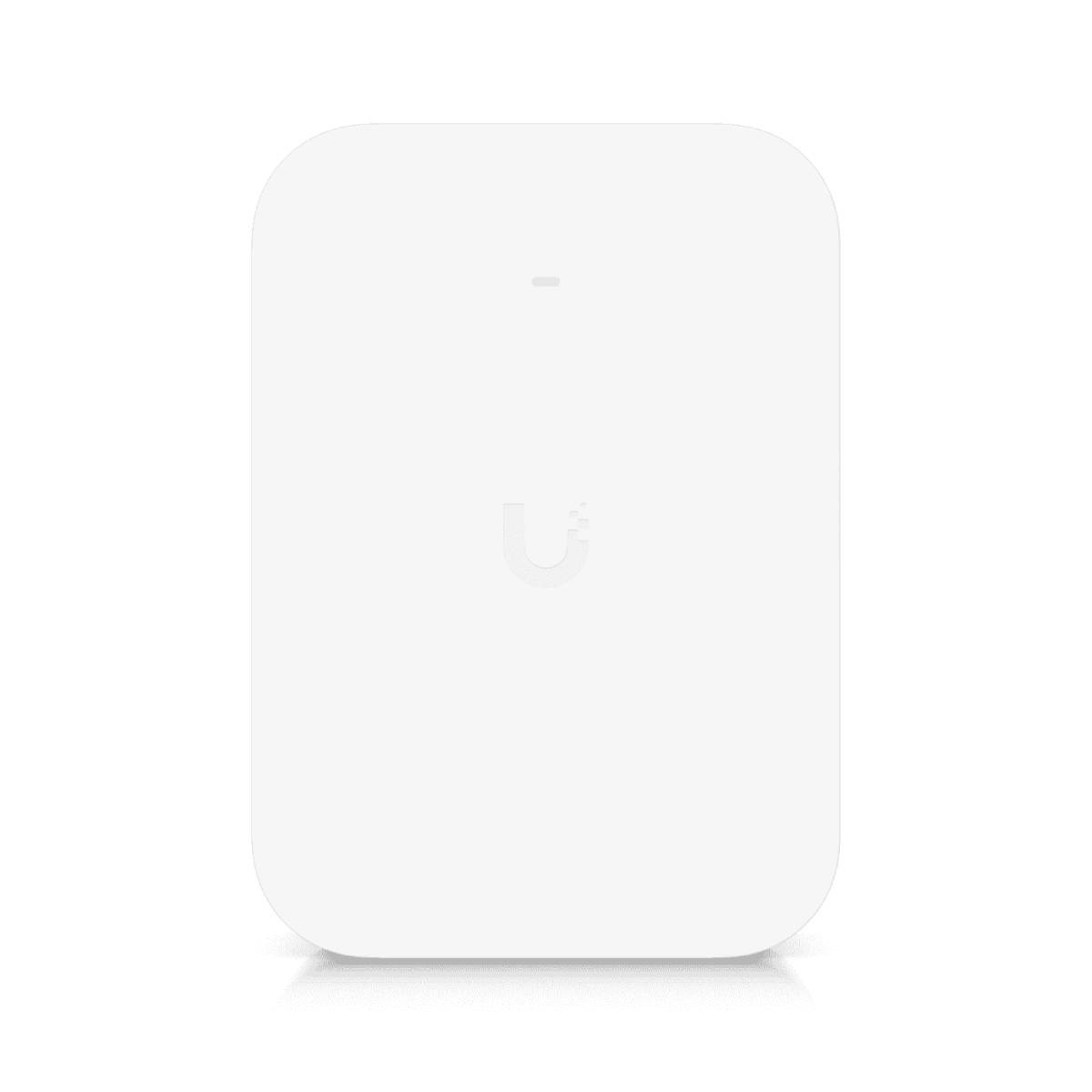 Un dispositivo bianco rettangolare con angoli arrotondati e un logo.