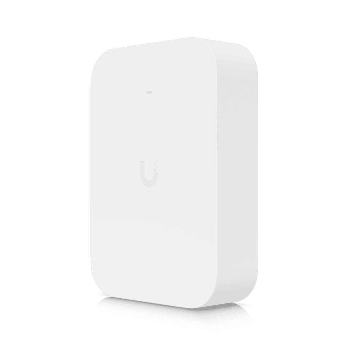 Un dispositivo bianco, rettangolare, con angoli arrotondati e un logo.