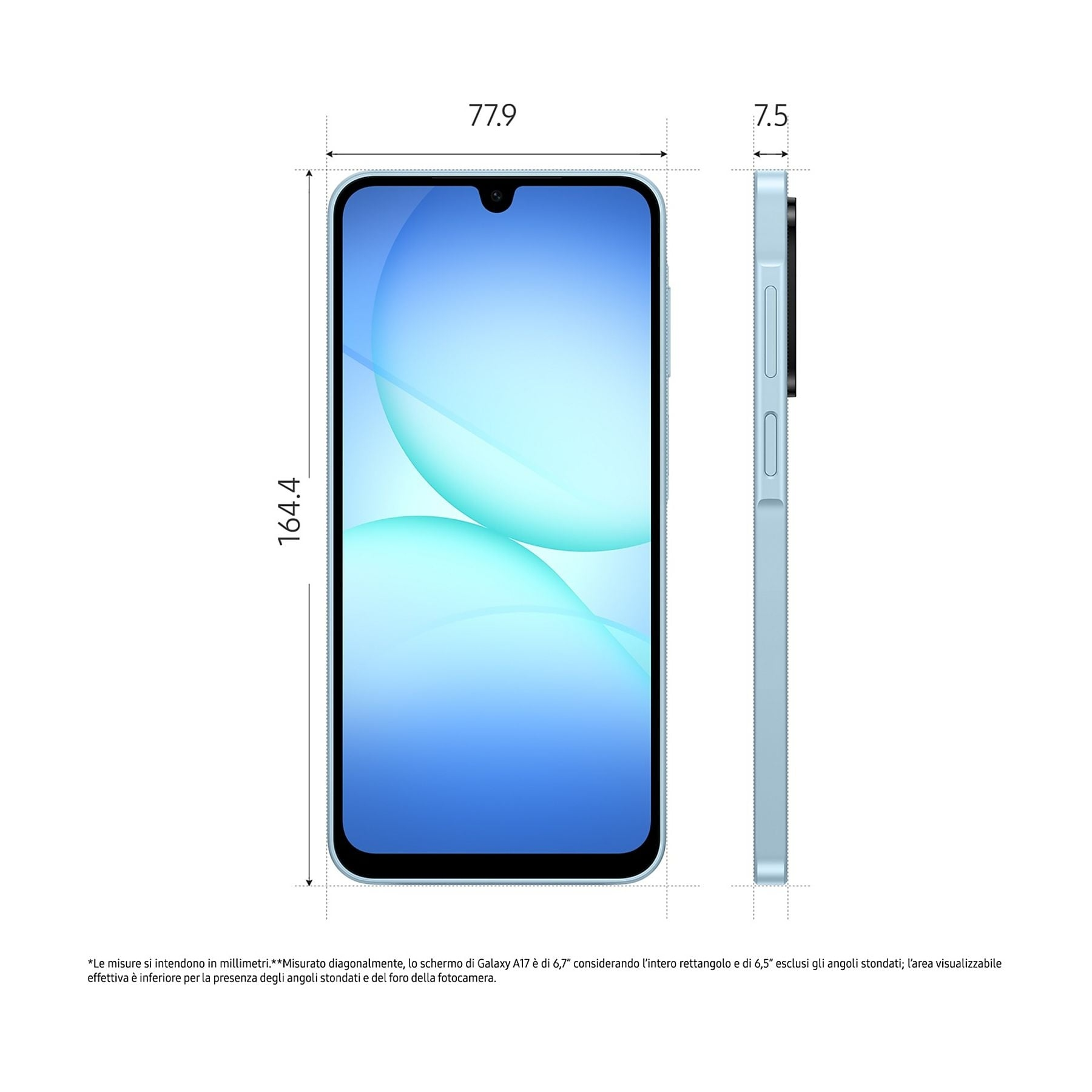 Uno smartphone azzurro mostrato frontalmente e lateralmente con dimensioni.