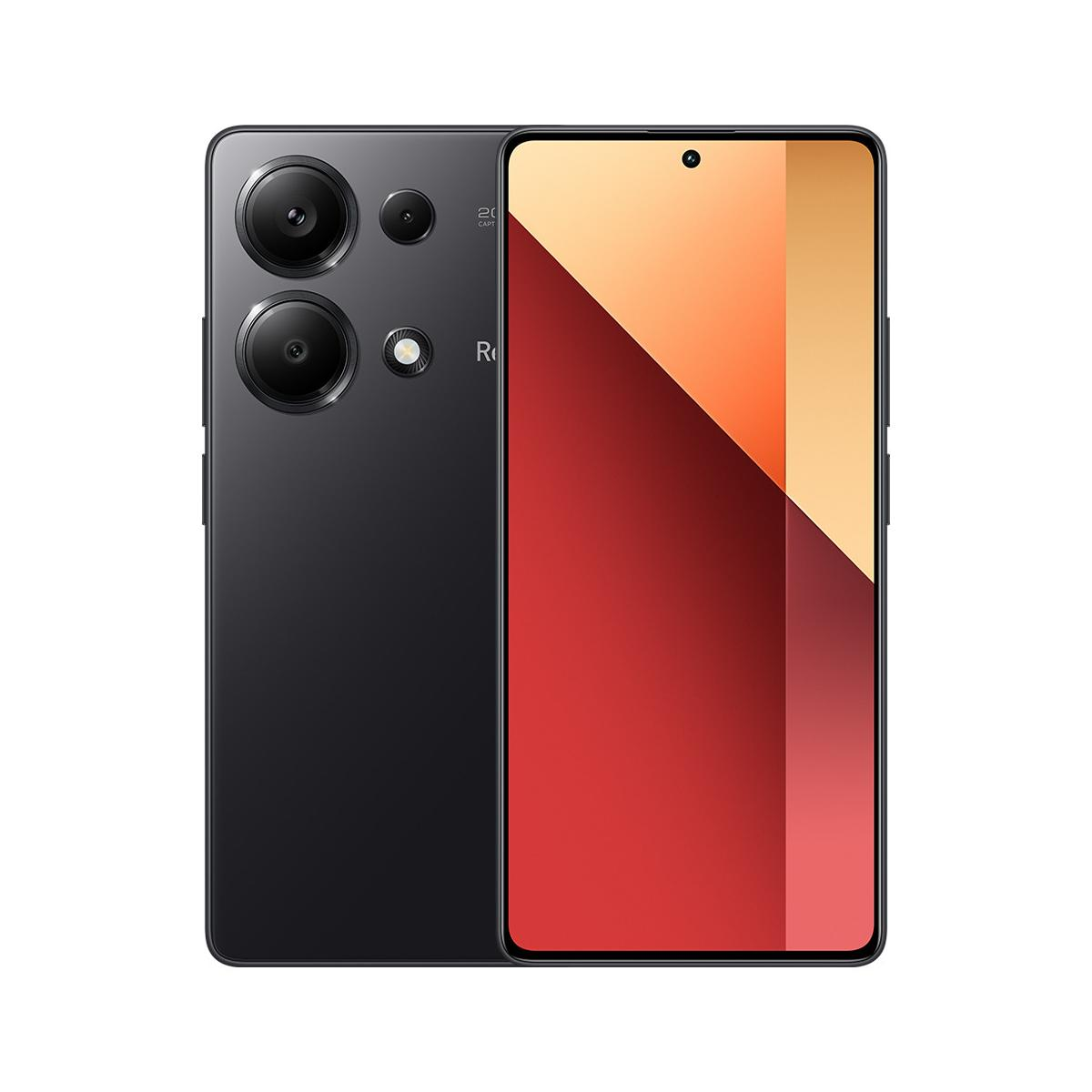 Un smartphone negro con tres cámaras traseras y una pantalla roja y naranja.