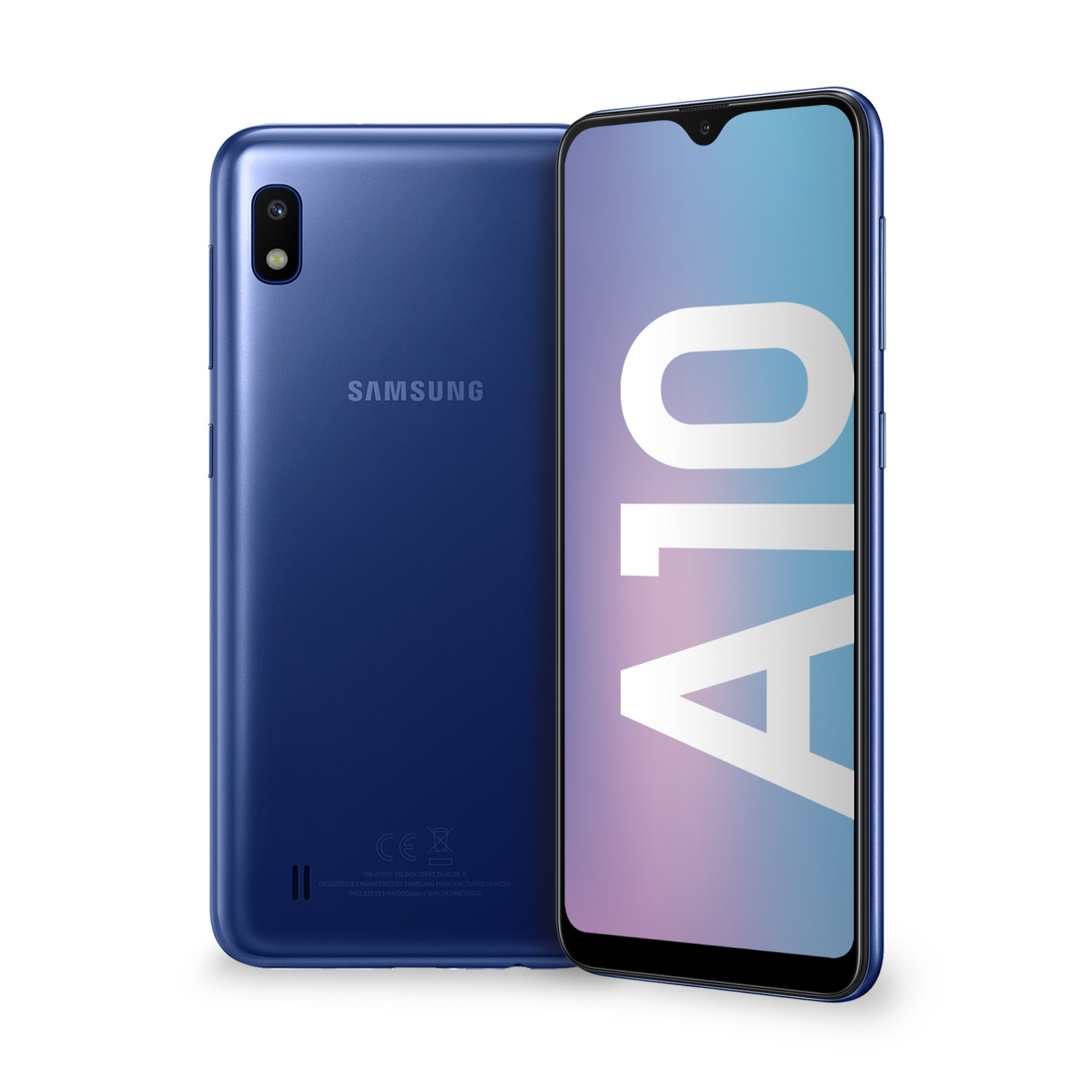 Blaues Samsung Smartphone von vorne und hinten auf weißem Grund.