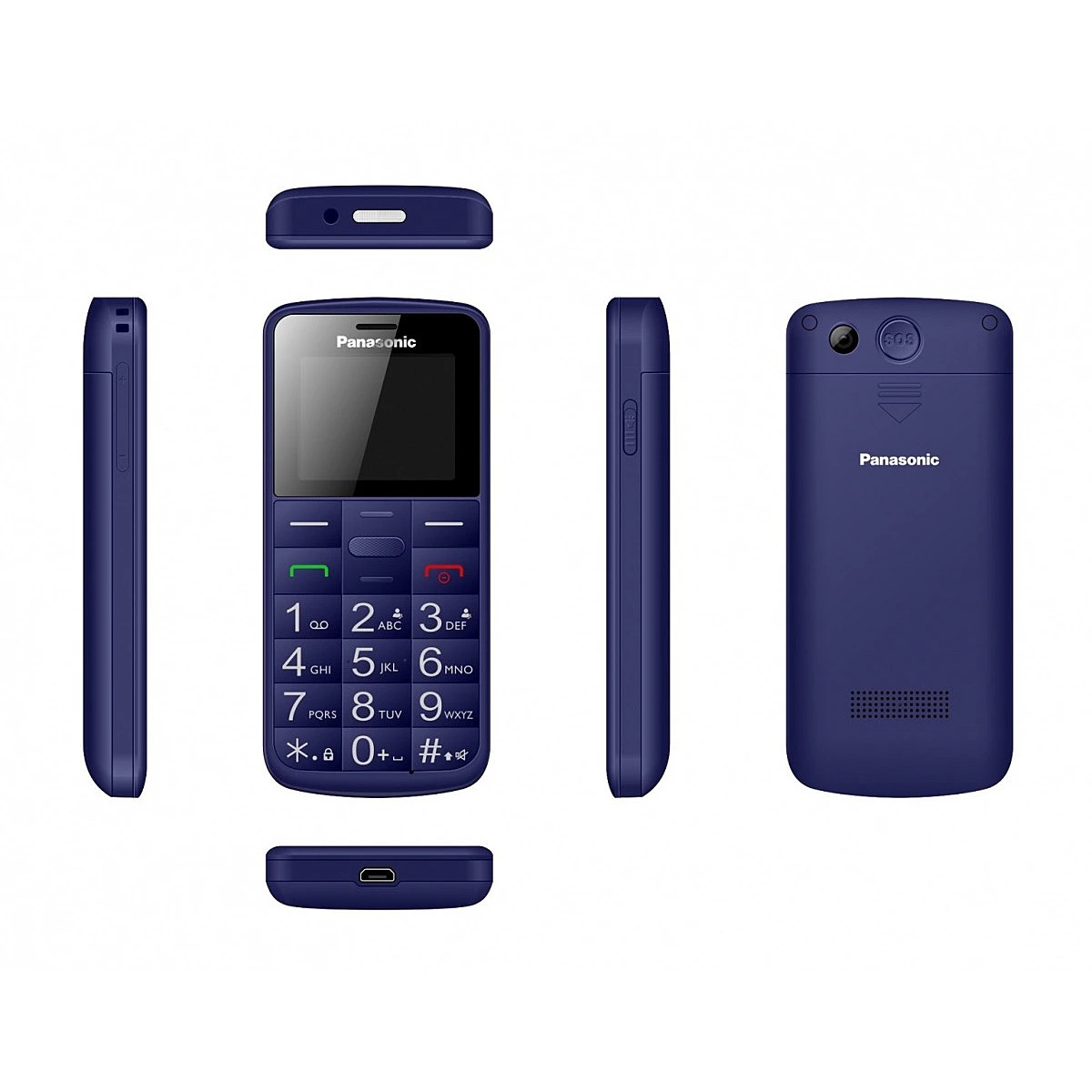 Blaues Panasonic-Handy mit Tastenfeld, Bildschirm und Kamera auf der Rückseite.