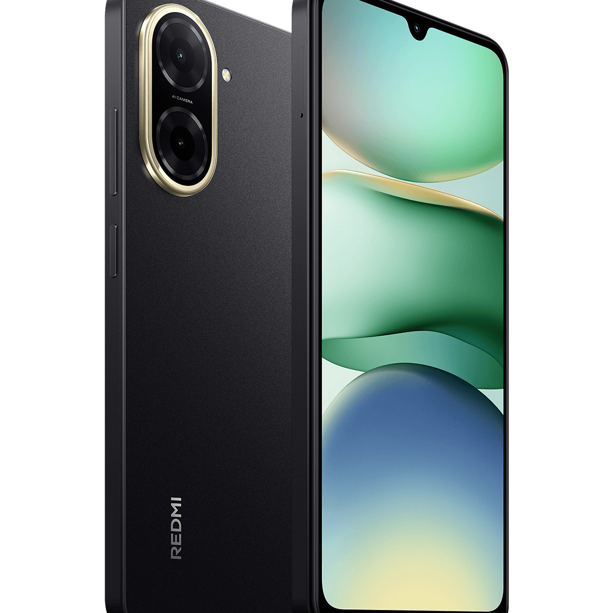 Smartphone nero con doppia fotocamera e anello dorato. Lo schermo mostra cerchi verdi e blu.