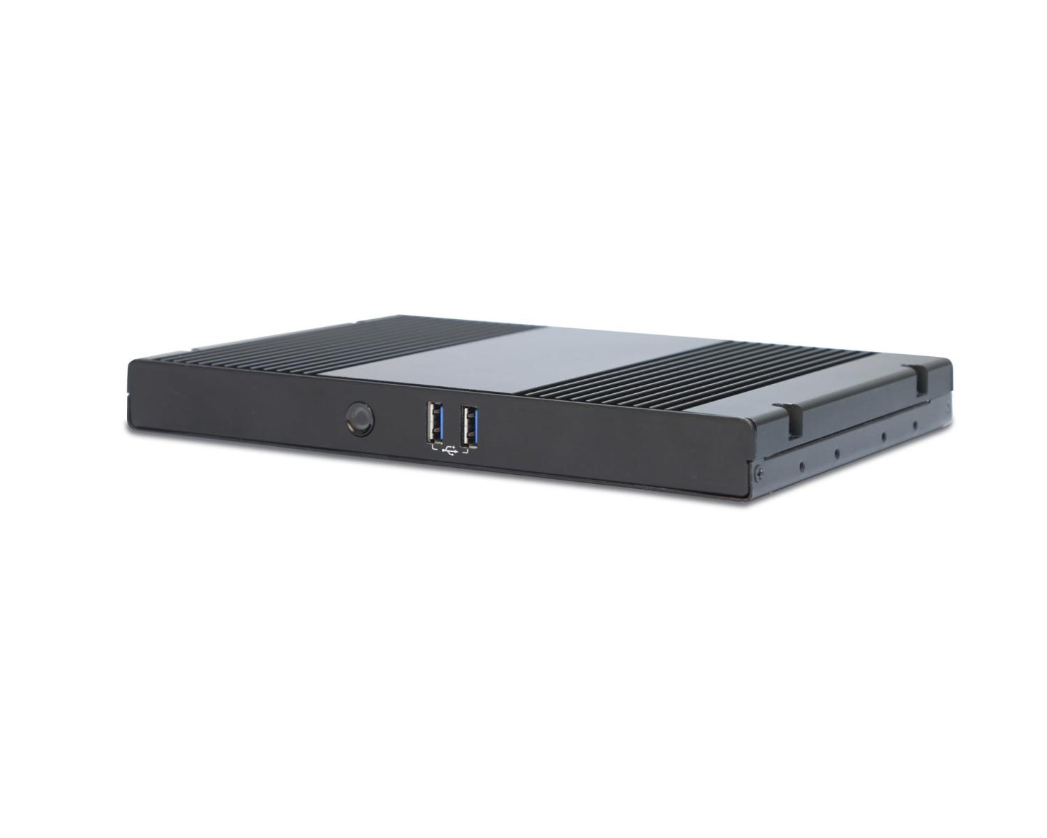 Un case nero e piatto con fessure di ventilazione e due porte USB.