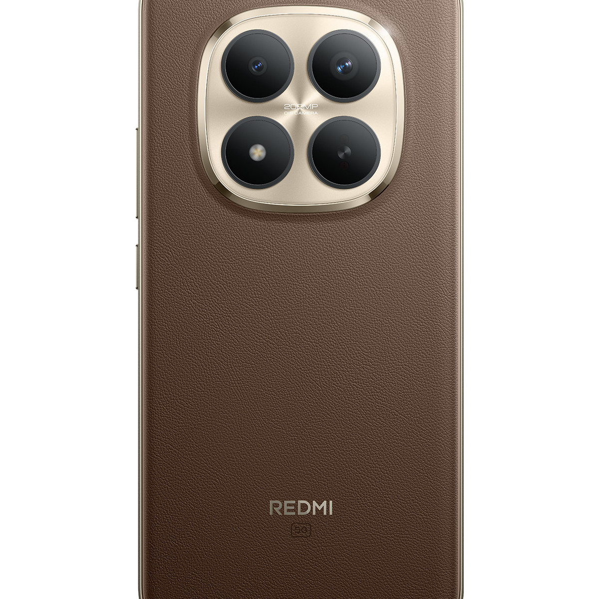 Teléfono marrón con cuatro cámaras y marca REDMI 5G.