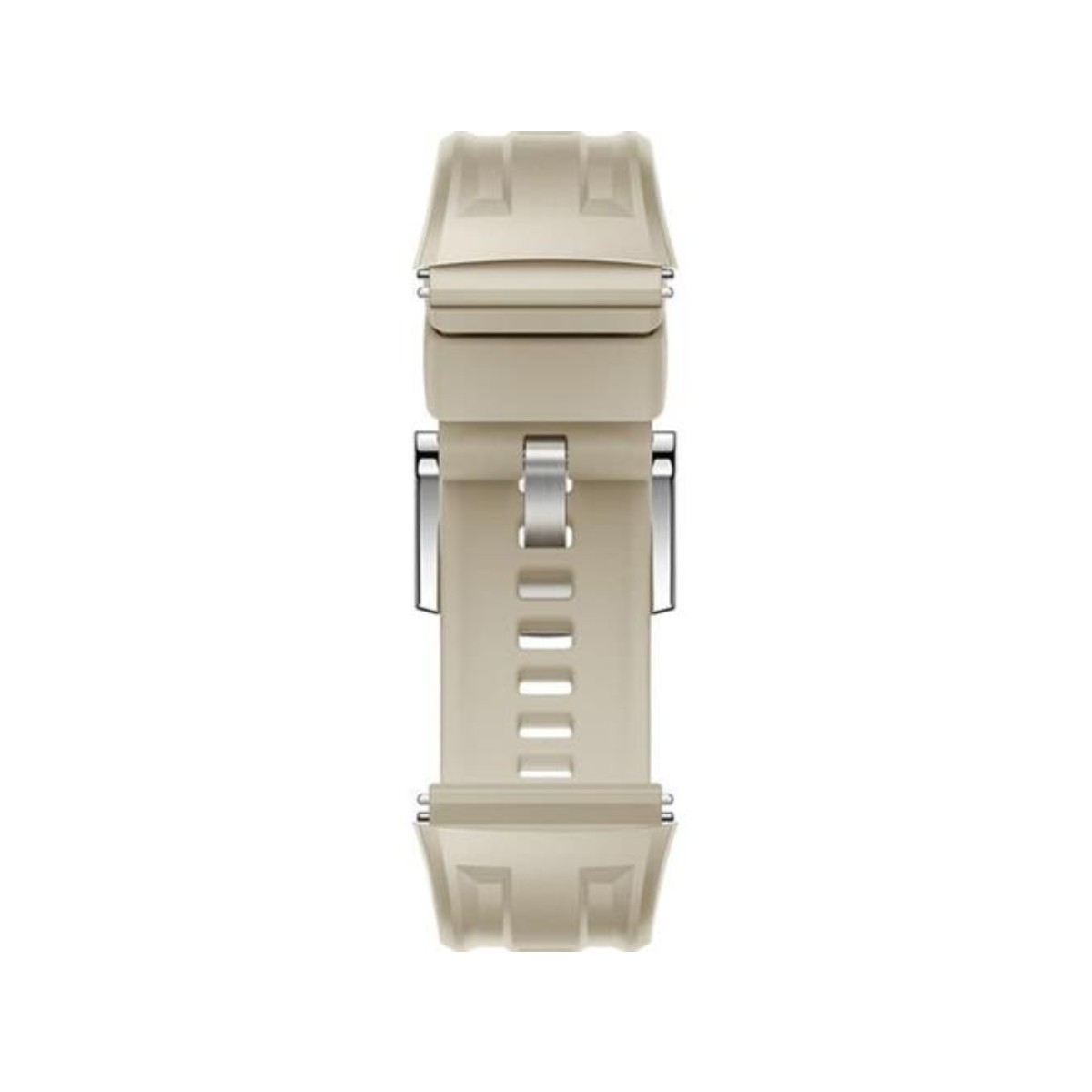 Fibbia per cinturino d'orologio beige con elementi metallici argentati.