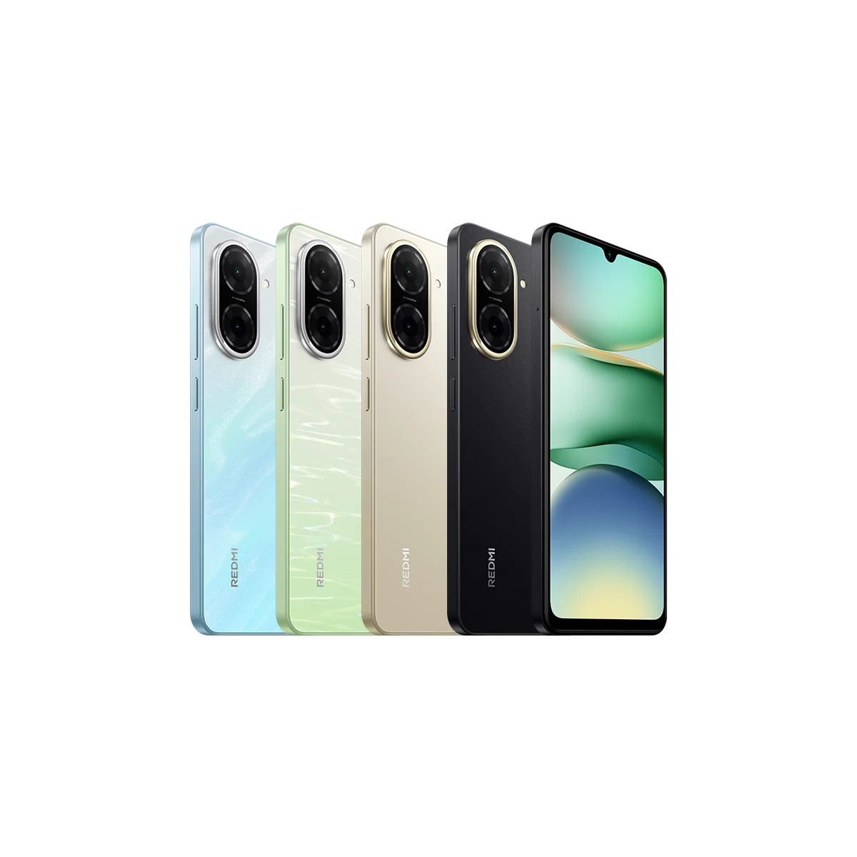 Four smartphones in blue, green, gold, and black stand side-by-side on a white background.