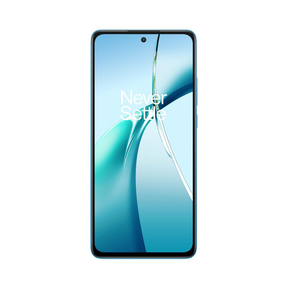 Uno smartphone blu con uno sfondo astratto turchese sul display.