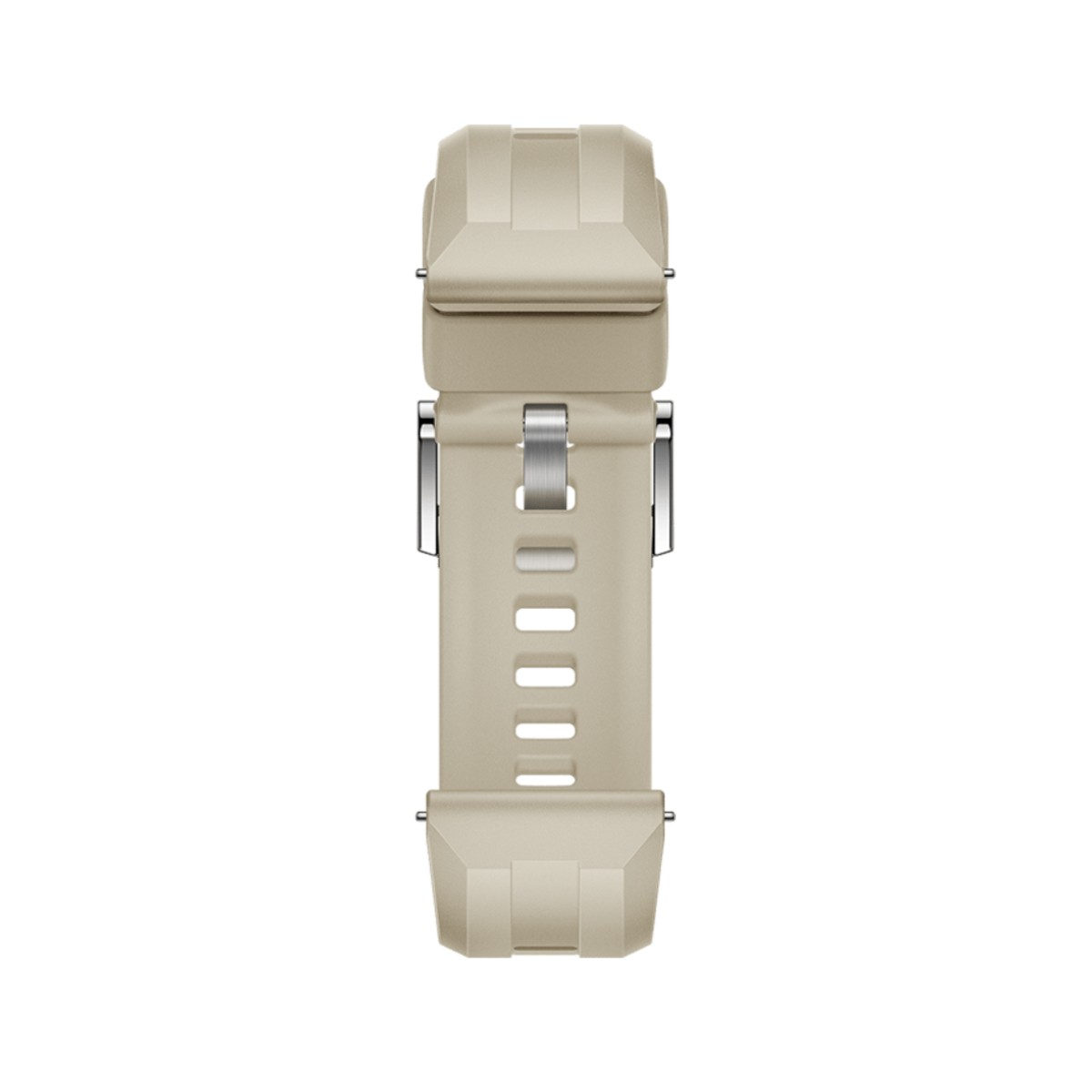 Un cinturino per orologio beige con fibbia in metallo e fori regolabili.