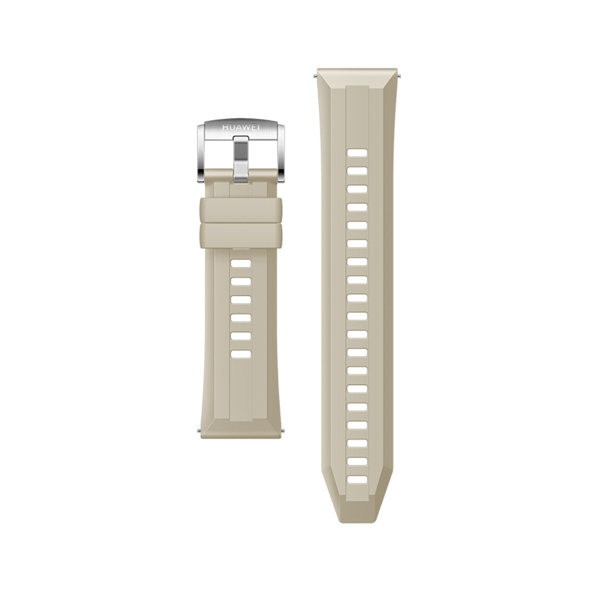 Un cinturino per orologio beige con fibbia argentata e fori.