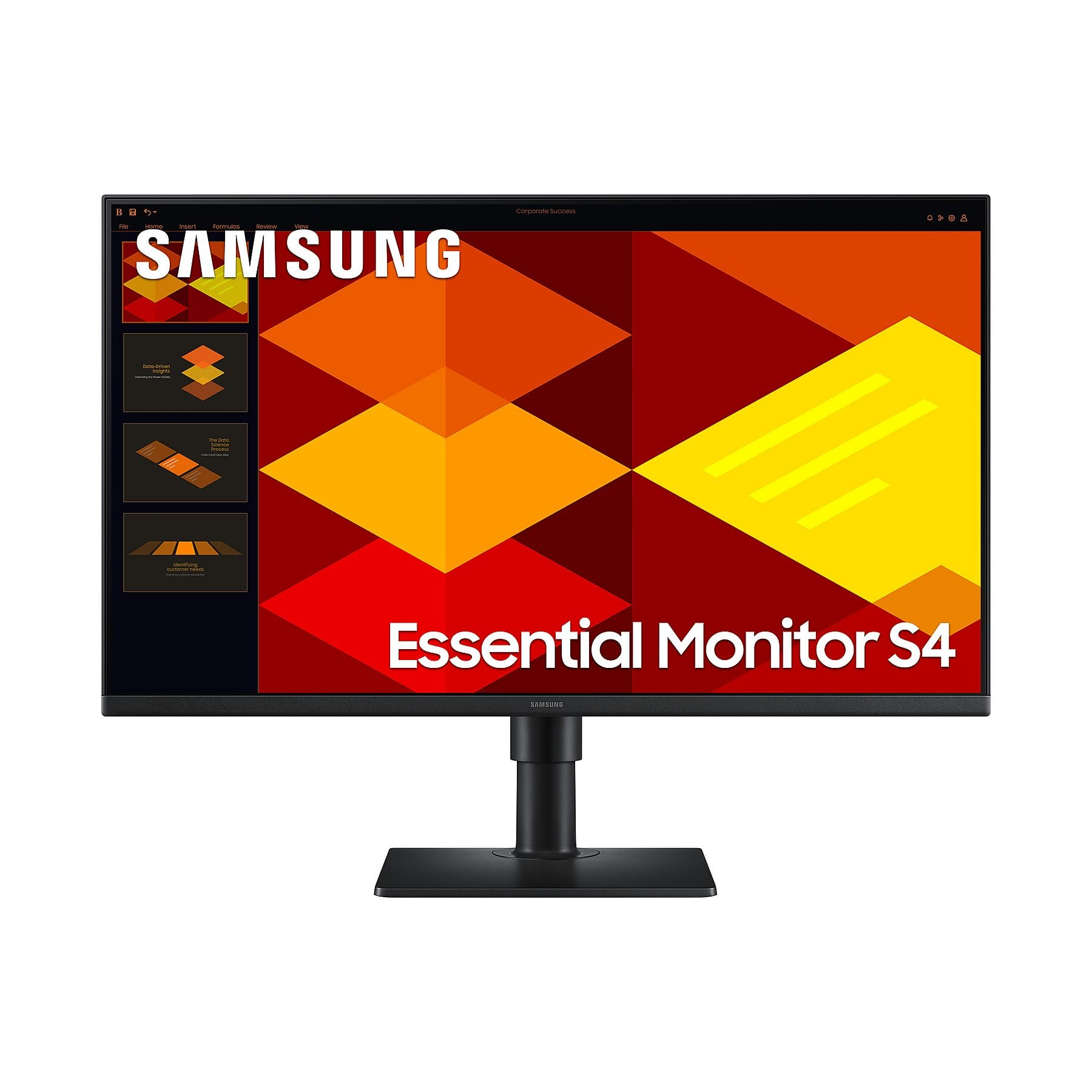 Un monitor Samsung Essential S4 con uno sfondo geometrico colorato.