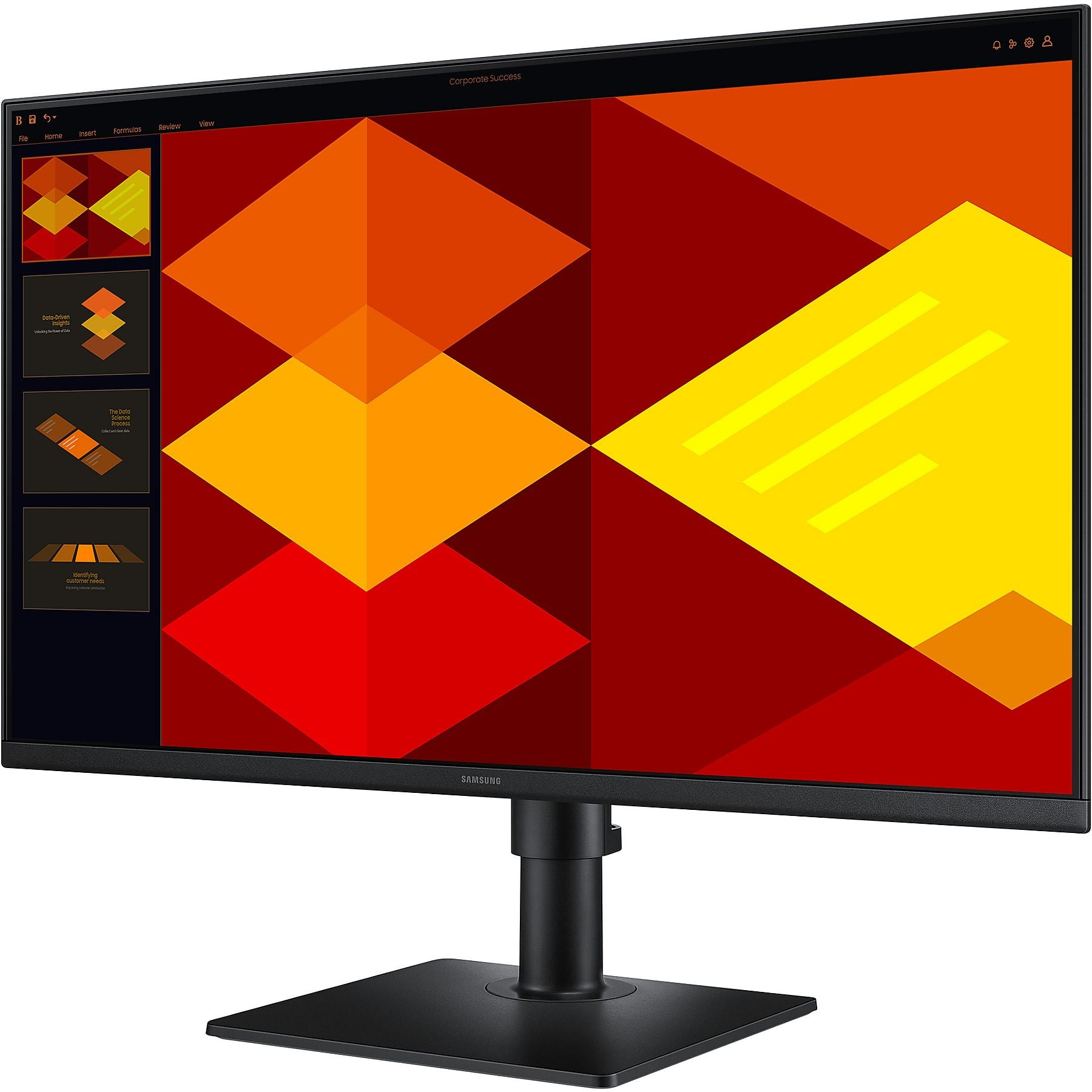 Un monitor visualizza una presentazione con forme geometriche rosse, arancioni e gialle.