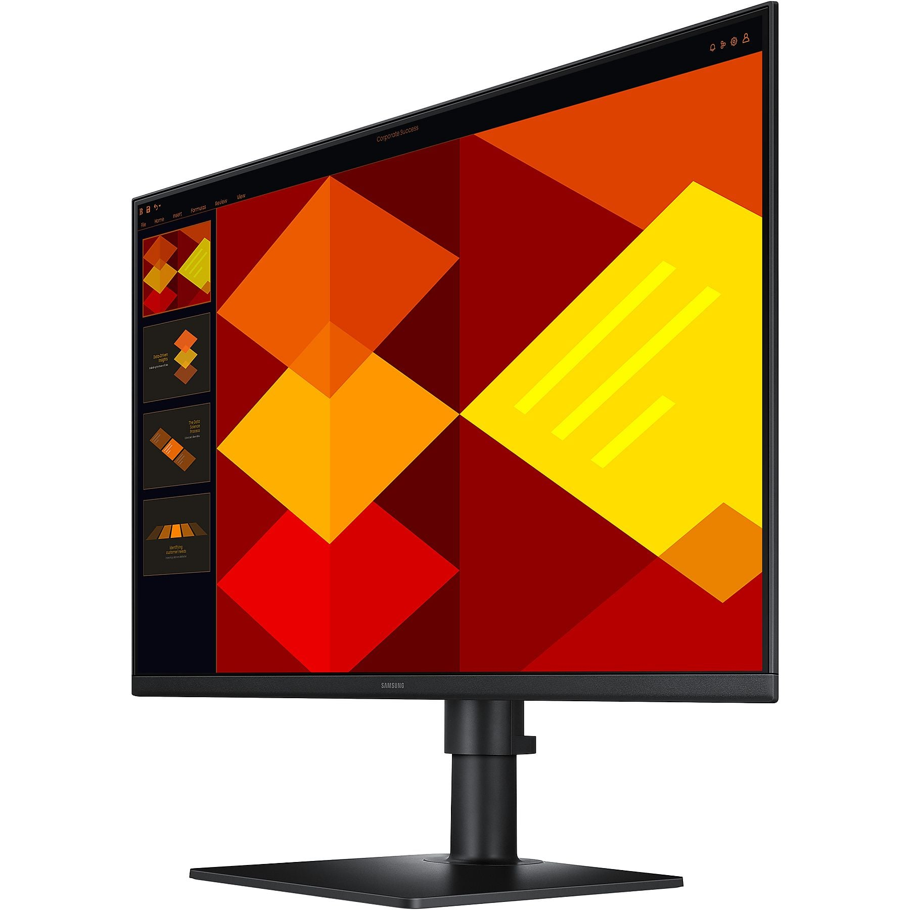 Un monitor Samsung nero mostra una grafica colorata con forme geometriche rosse, arancioni e gialle.