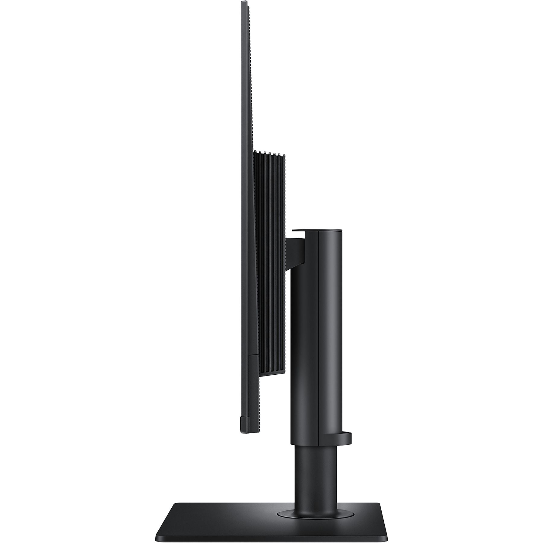 Vista laterale di un monitor nero con supporto regolabile.