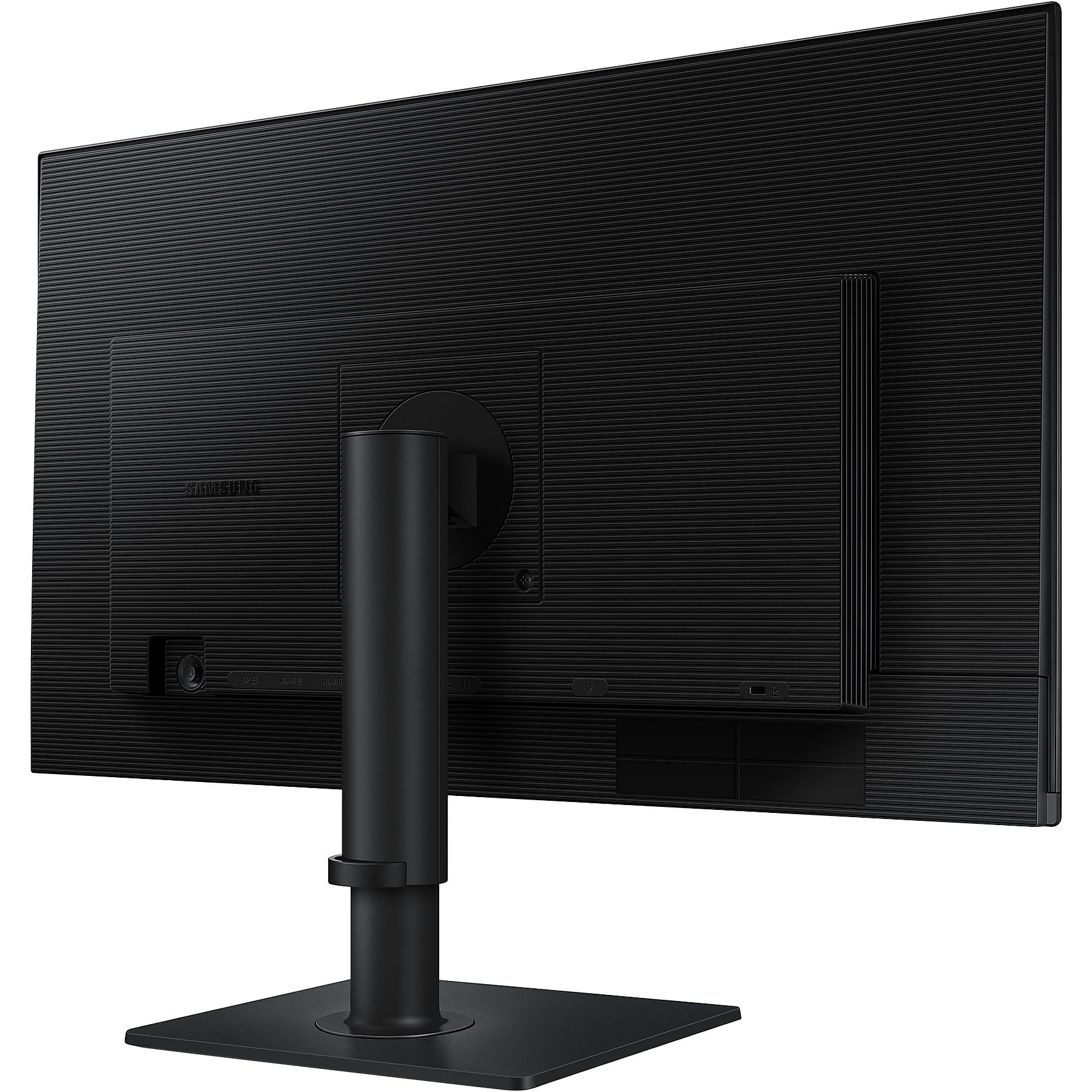 Retro di un monitor nero con texture a coste e supporto.