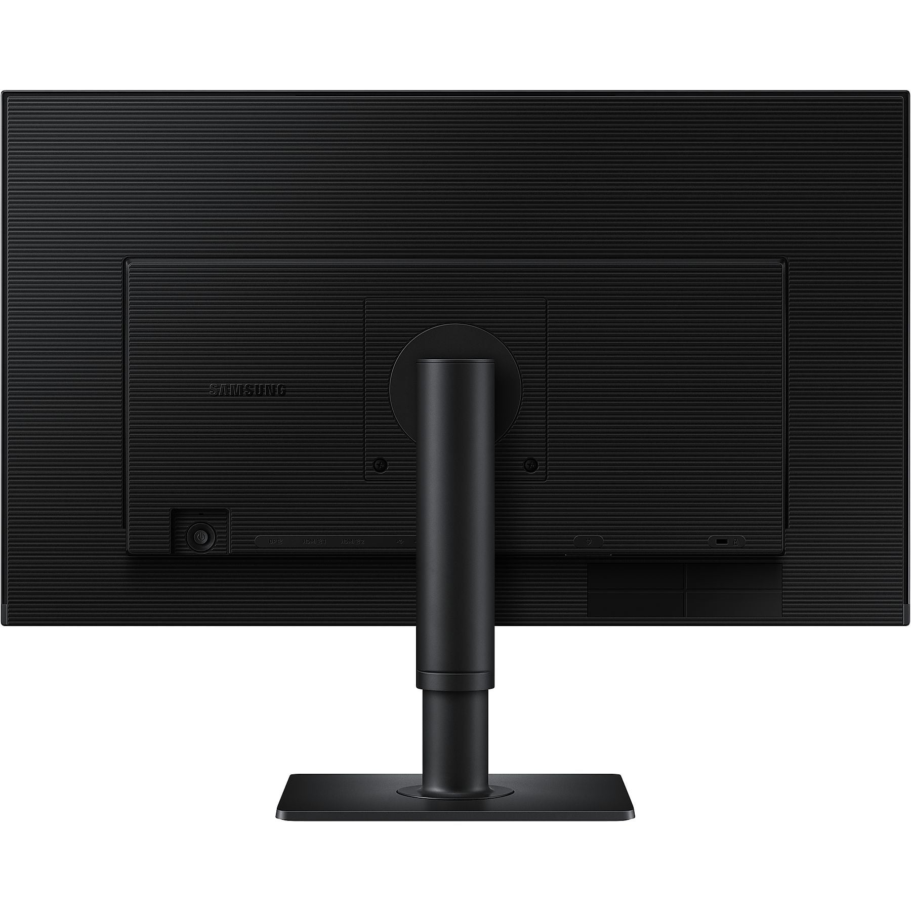 Retro di un monitor Samsung nero con supporto e porte.