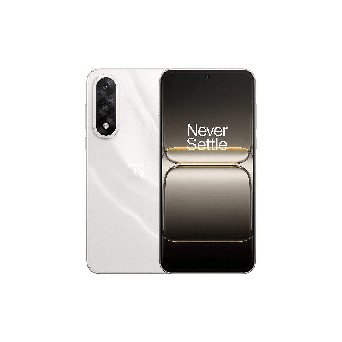 Uno smartphone bianco con tre fotocamere posteriori e uno schermo con logo 'Never Settle'.