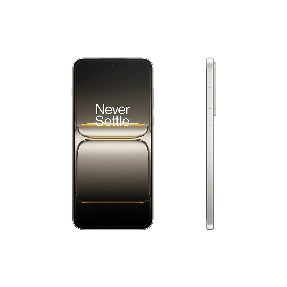 Uno smartphone argentato con la scritta "Never Settle" sullo schermo.