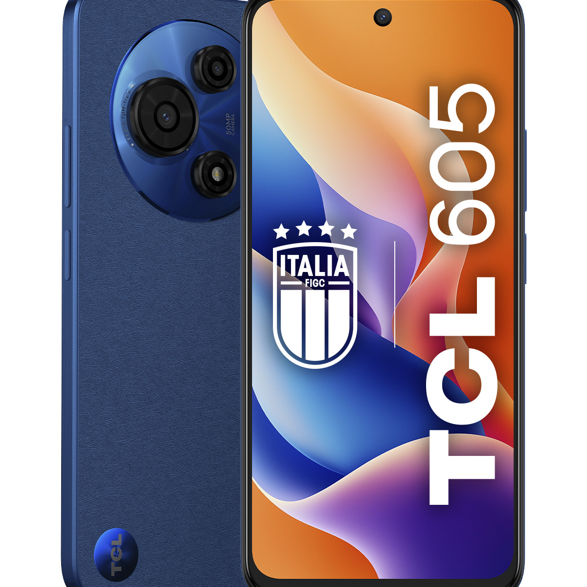 Niebieski smartfon z potrójnym aparatem z tyłu i napisem TCL 605 na ekranie.