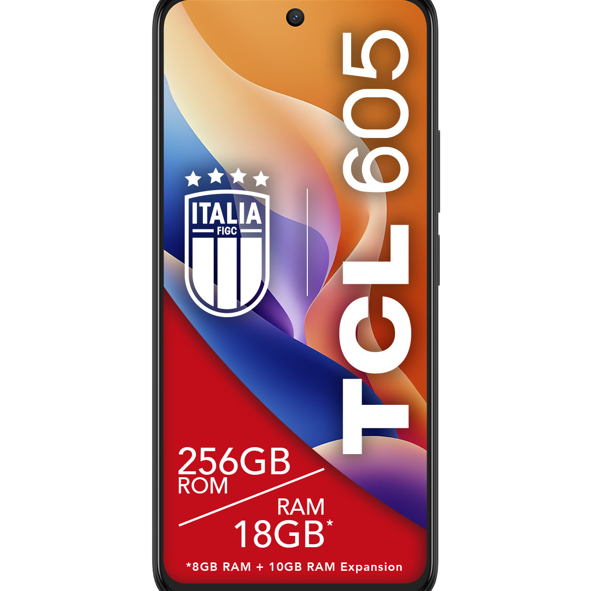 Smartfon z napisem TCL 605, logo Italia FIGC, 256GB ROM i 18GB RAM.