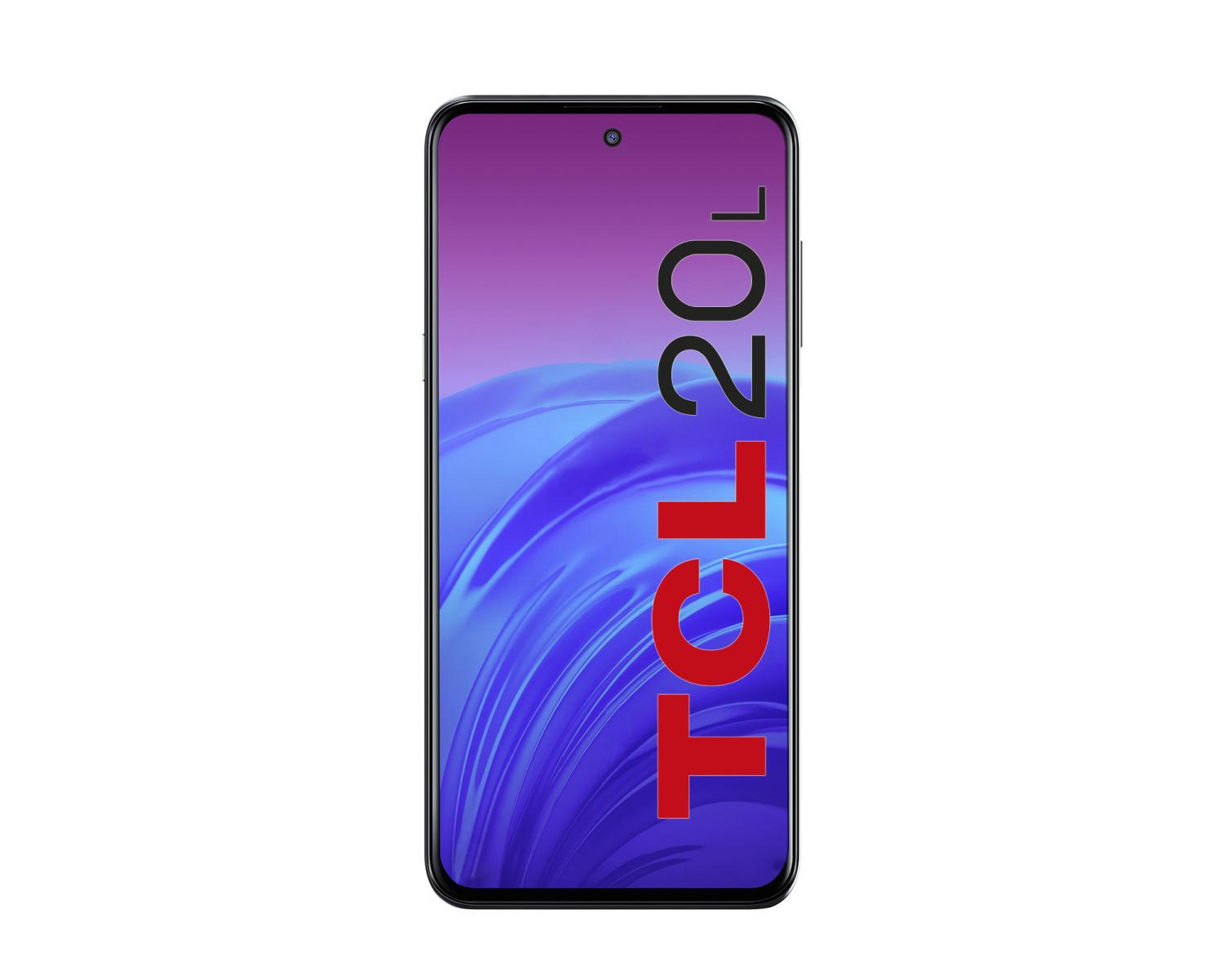 Een smartphone met "TCL 20L" op het scherm, tegen een blauwe achtergrond.