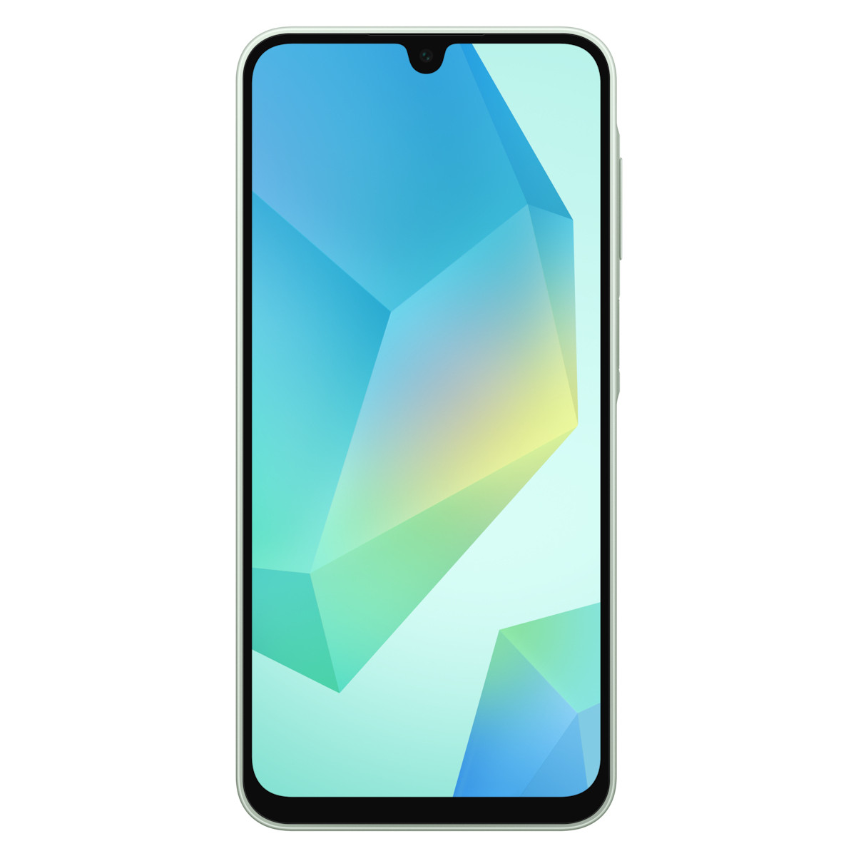 Ein hellgrünes Smartphone mit einem bunten, geometrischen Hintergrund.