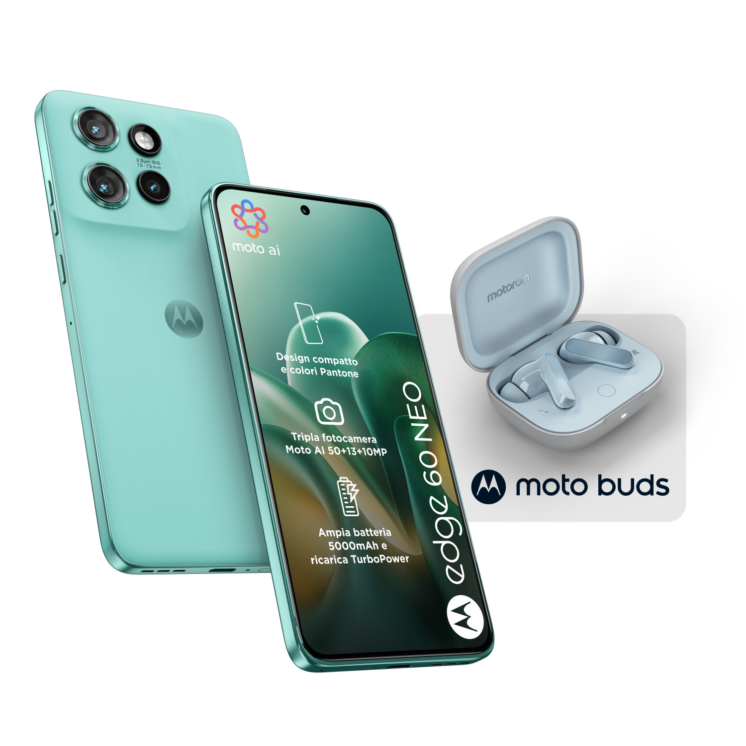Ein türkisfarbenes Motorola Edge 60 Neo und Moto Buds werden gezeigt.