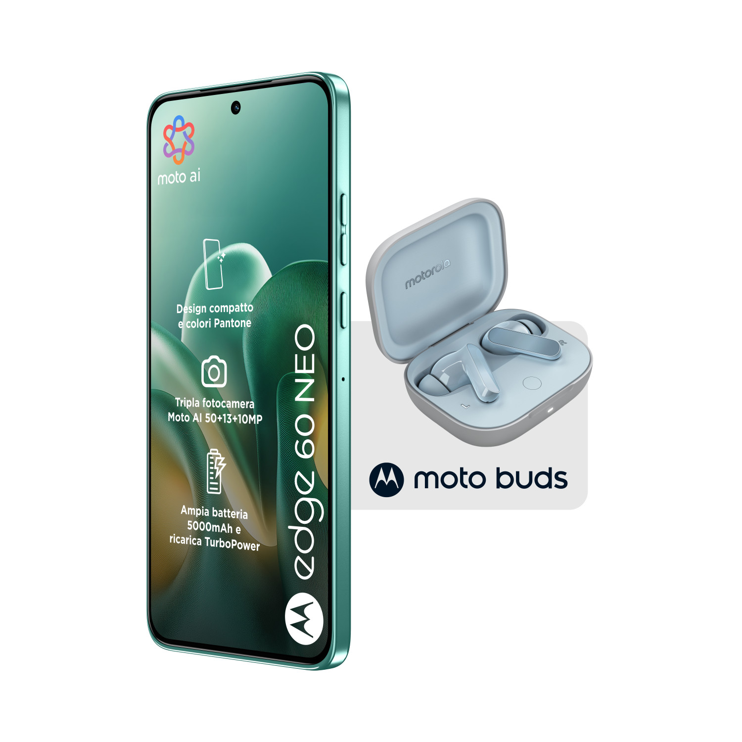 Ein grünes Motorola Edge 60 Neo Smartphone und hellblaue Moto Buds Kopfhörer.