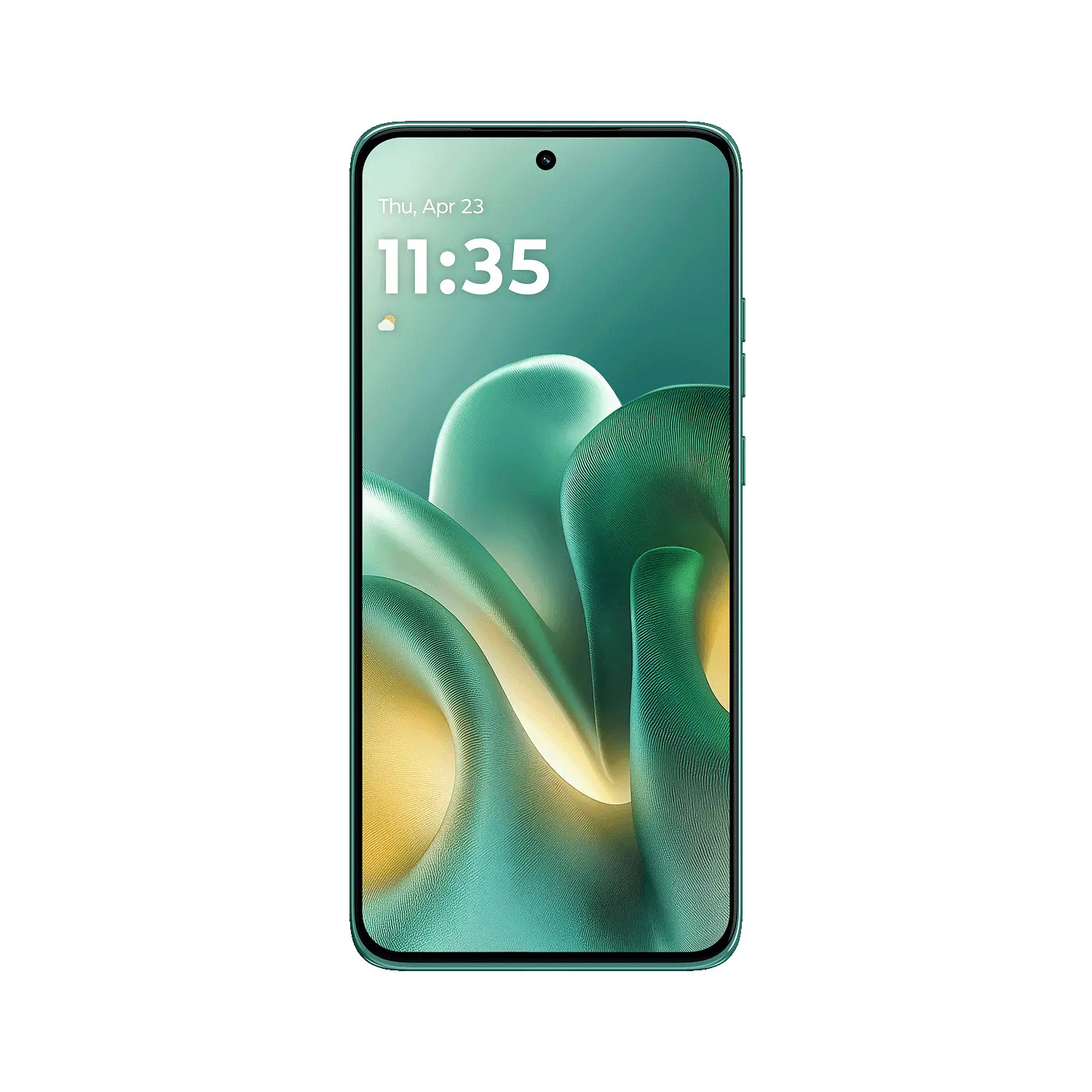 Un smartphone verde azulado muestra las 11:35 con fondo abstracto.