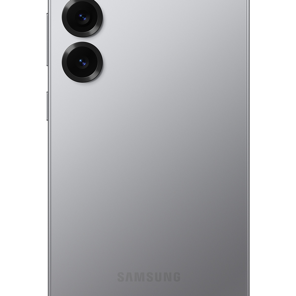 Rückseite eines silbernen Samsung Smartphones mit zwei Kameralinsen und dem Samsung Logo.