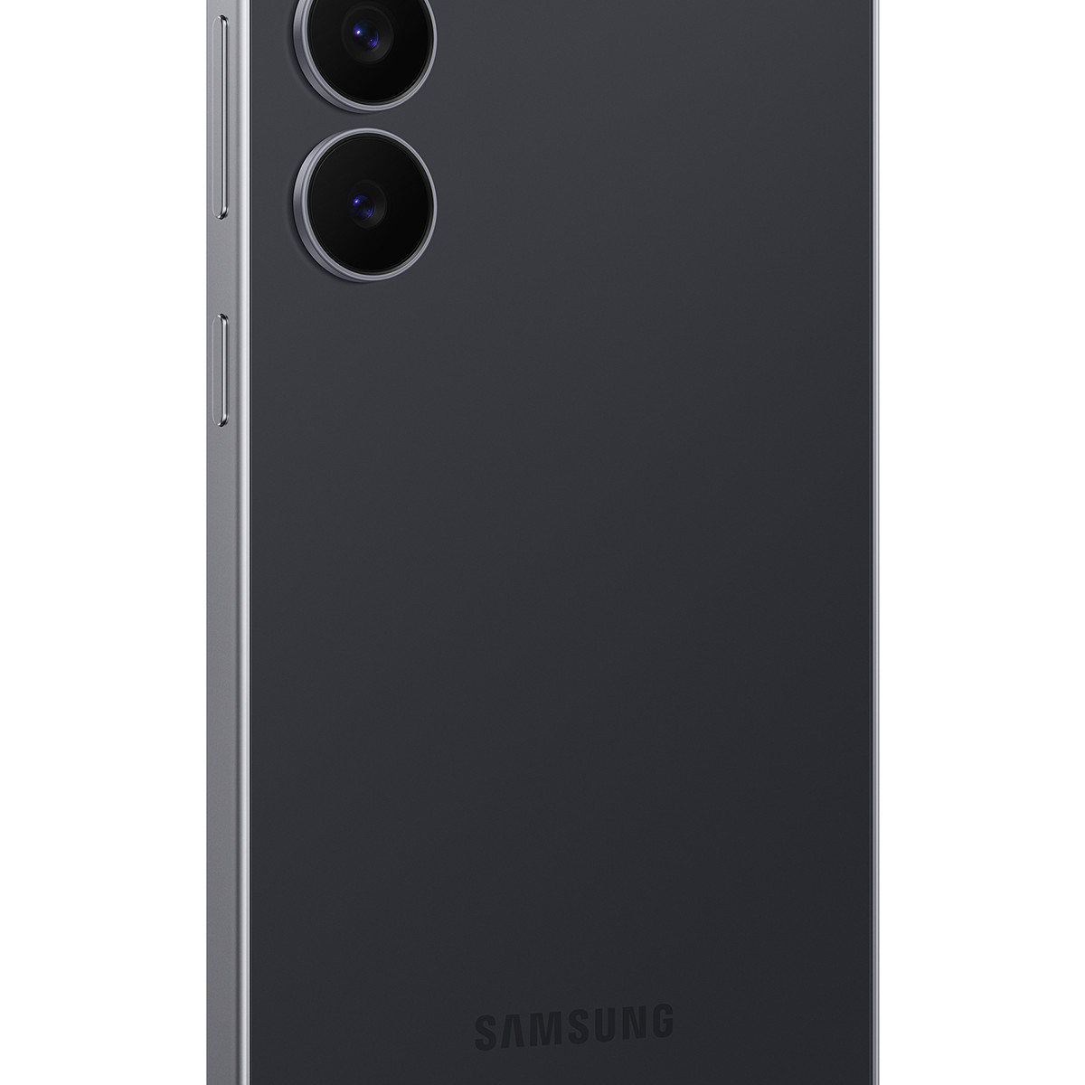 Smartphone Samsung grigio scuro con due obiettivi e cornice argentata.