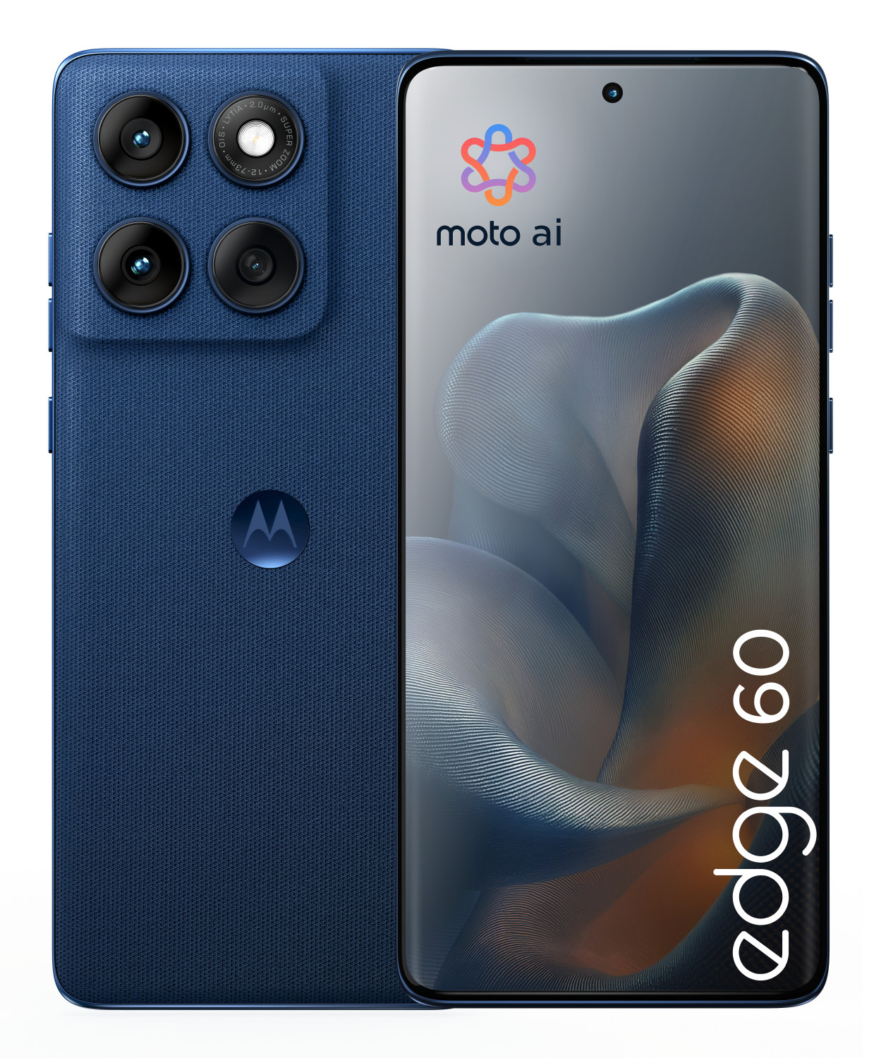 Niebieski smartfon Motorola Edge 60 z czterema aparatami i logo Moto AI.