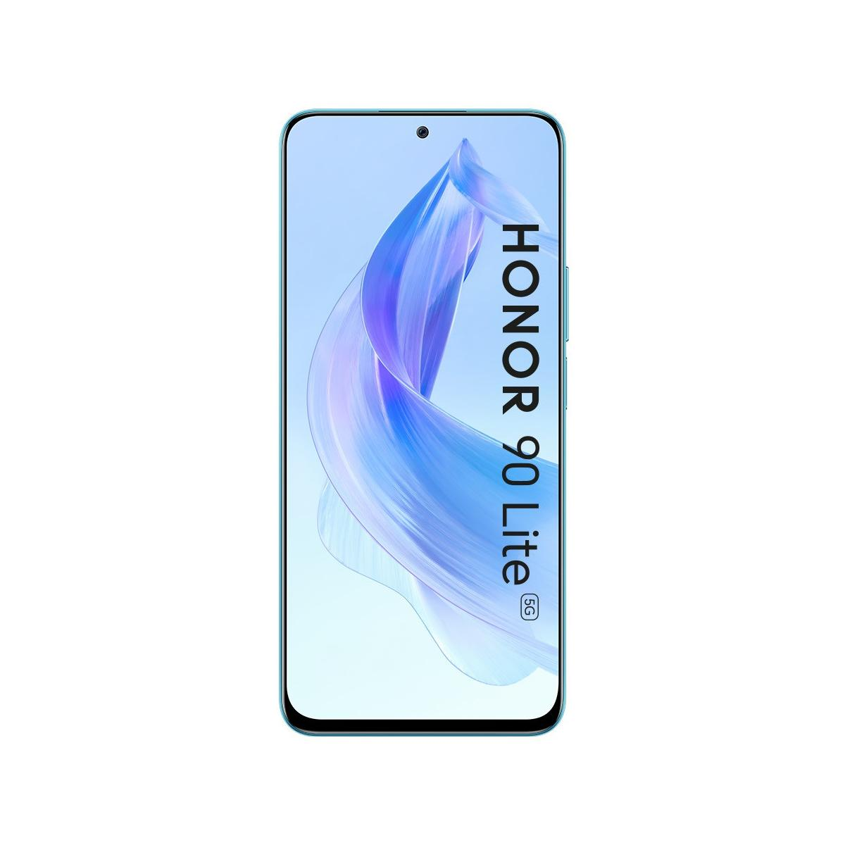 Uno smartphone Honor 90 Lite 5G azzurro con uno sfondo blu astratto.