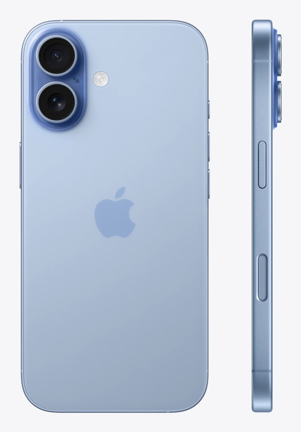 Un iPhone azzurro con due fotocamere e flash. La vista laterale mostra bordi lisci.